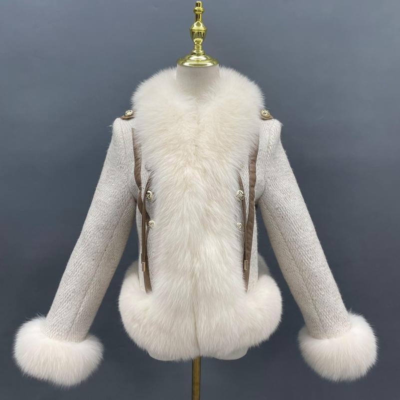 Women's Winter Fashion Coarse Woven Fabric Fox Fur Collar Coat - Janefur