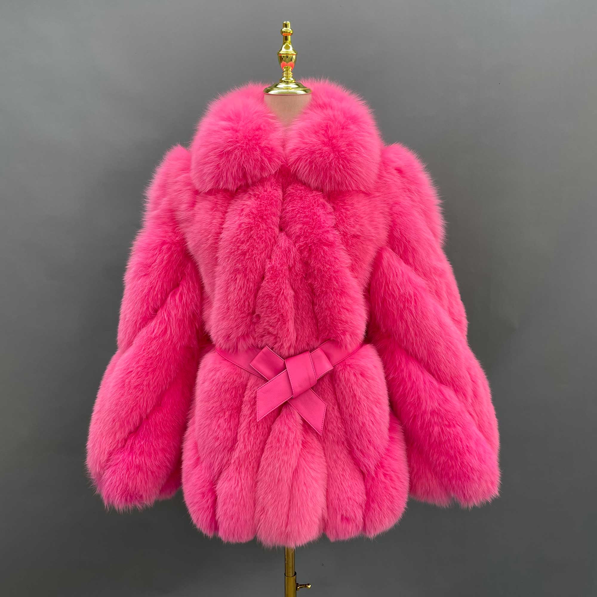 Lapel Genuine Fox Fur Womens Coat Leather Belt Style Fur Coat - Janefur
