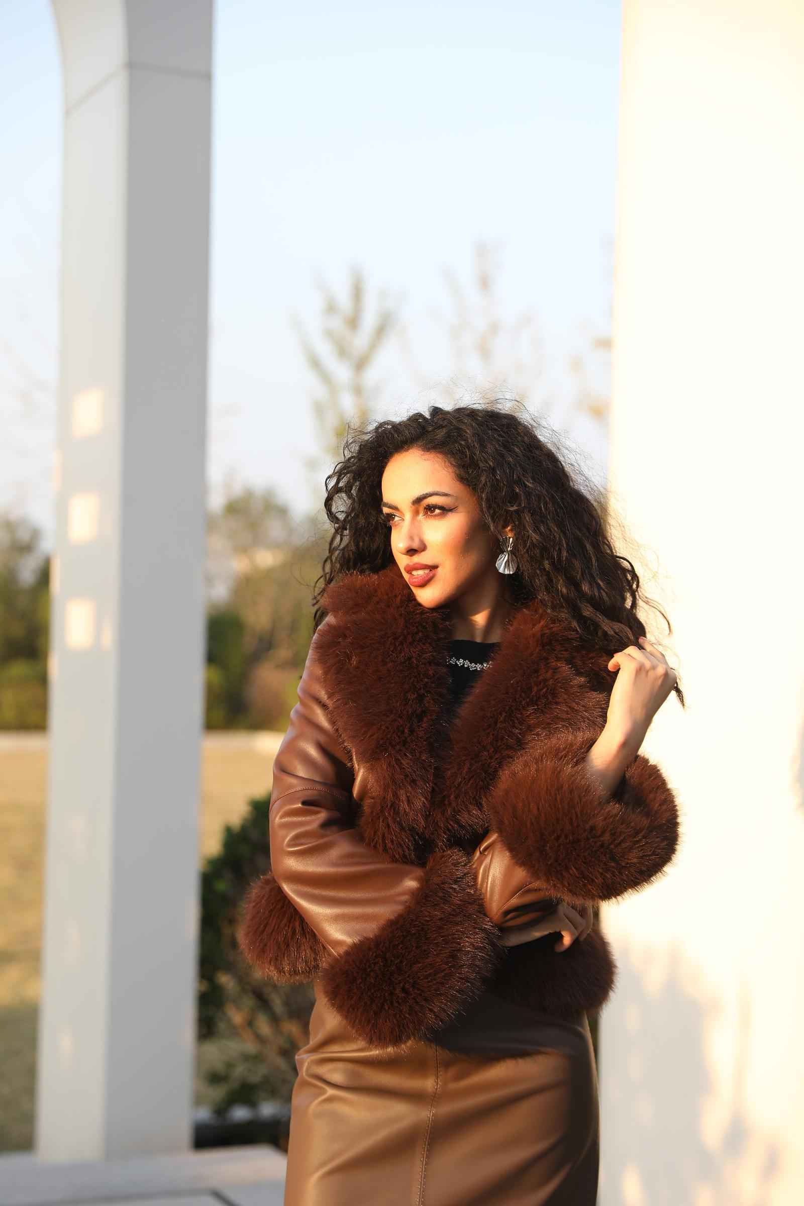Eco-Friendly Leather-Like Faux Fur Trendy Suit Collar Buttoned Leather Coat - Janefur