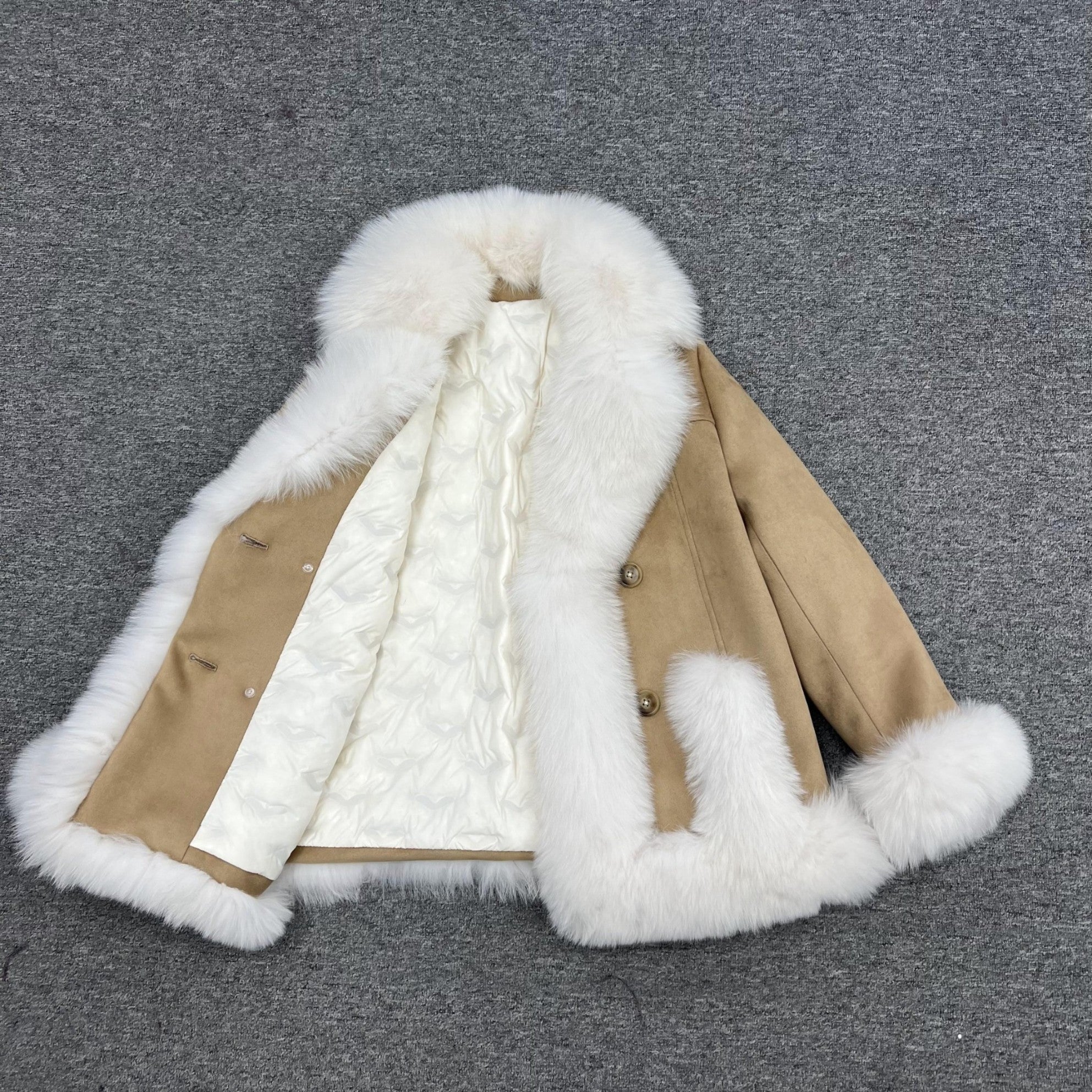 Suede Double Breasted Goose Down Women's Jacket with Suit Collar - Janefur