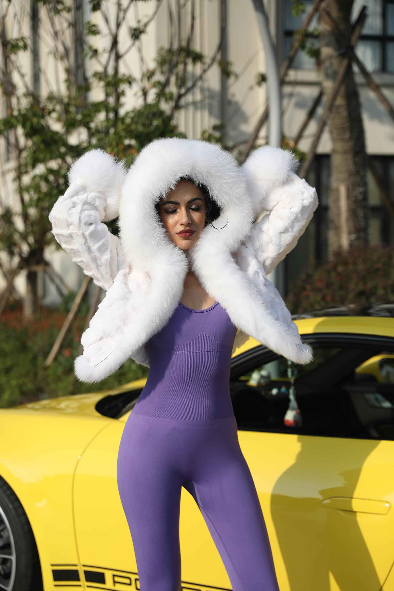 Fox Fur Coat for Women Luxurious Fox Fur Placket Hooded Zippered Jacket - Janefur