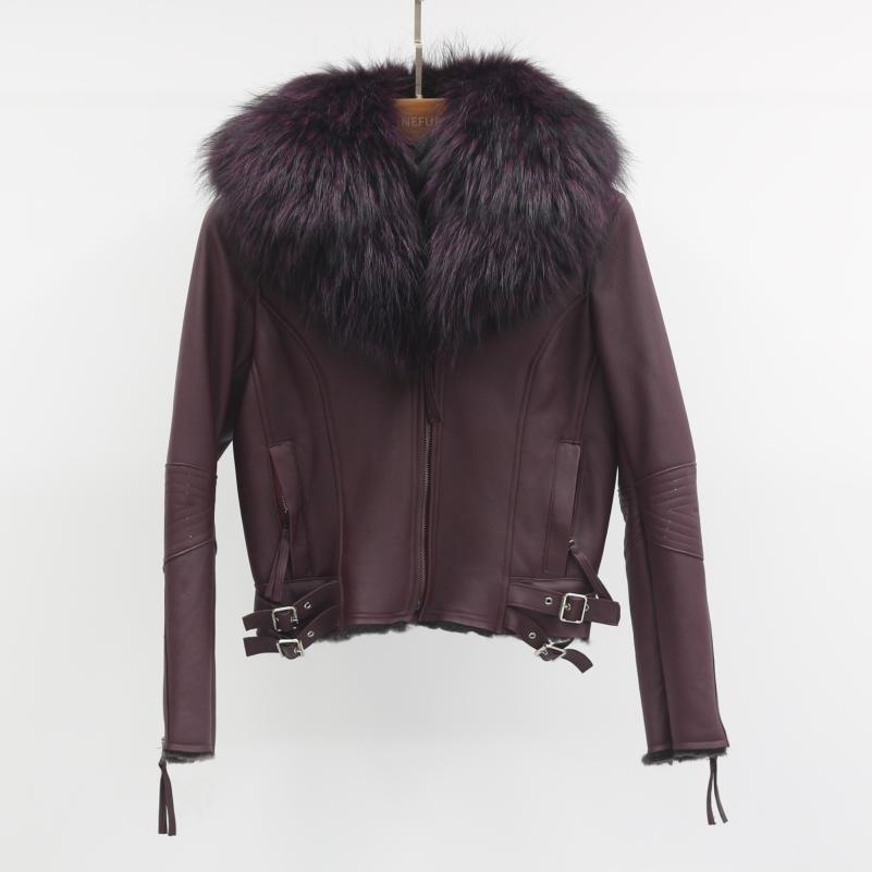 Large Raccoon Fur Collar Leather and Fur Combination - Janefur
