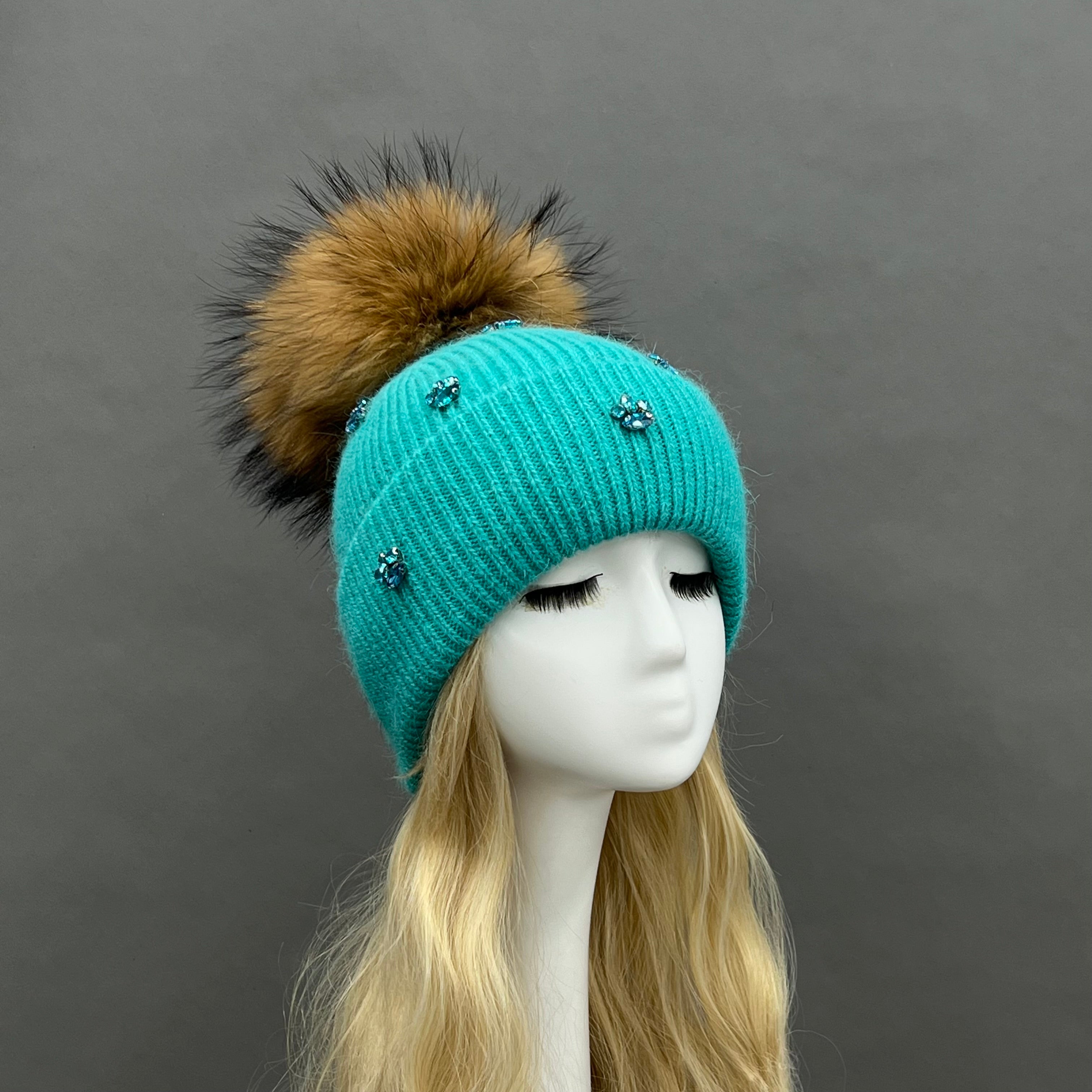 Ladies' Rabbit Fur Hat with Small Rhinestone Pompoms for Casual Wear - Janefur