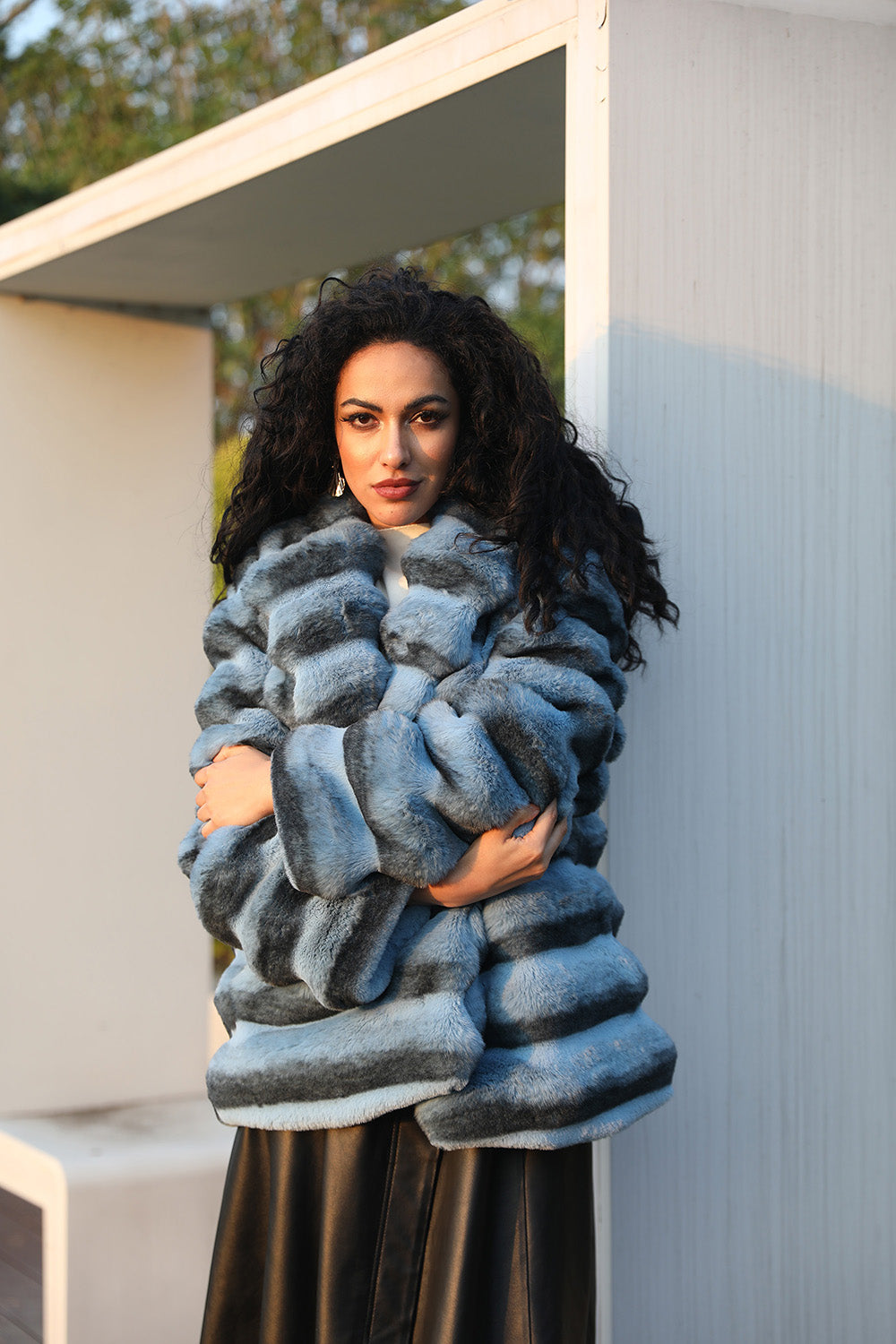 Eco Friendly Wool Faux Fur Coat Women's Stylish Notched Collar Chinchilla Pattern Short Jacket - Janefur