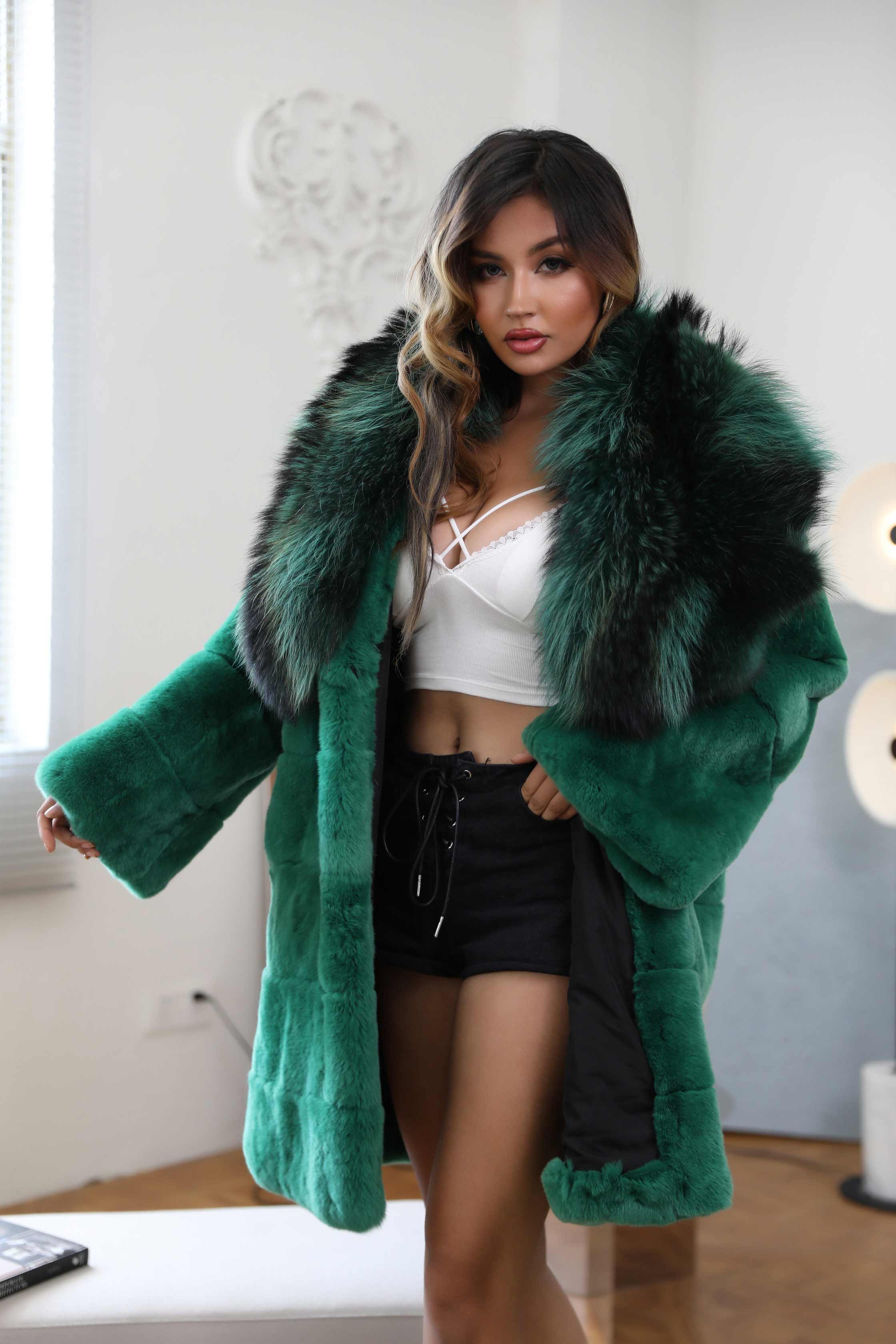 Winter Womens Rabbit Fur Coat Raccoon Fur Collar Real Fur Jacket - Janefur
