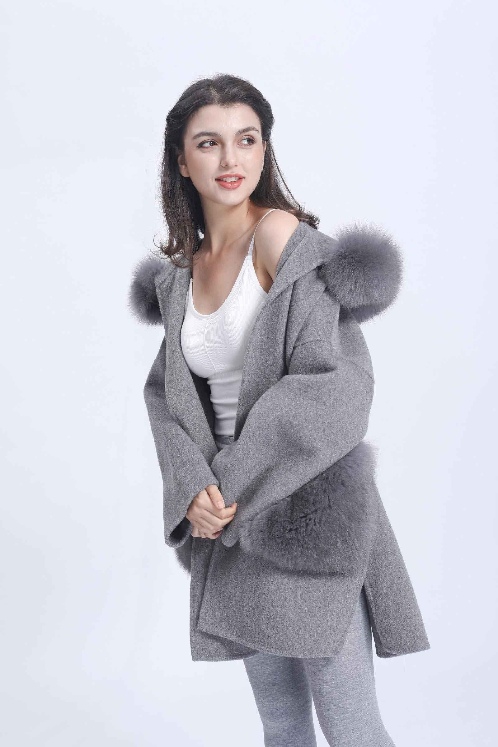 Cashmere Short Coat Women's Fashion Casual Hooded Jacket with Fur Pockets and Fur Collar Double-faced Wool Coat - Janefur