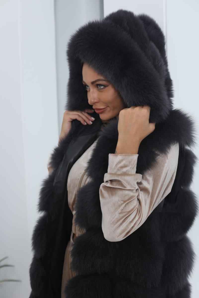 Blue Fox Hooded Fox Fur Ladies Vest - Janefur