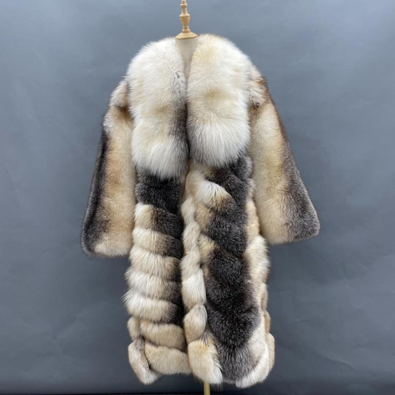 Fashion High-Quality Wholesale Custom Fox Fur Coat Luxury Large Lapel Diagonal Stripe Loose Coat - Janefur