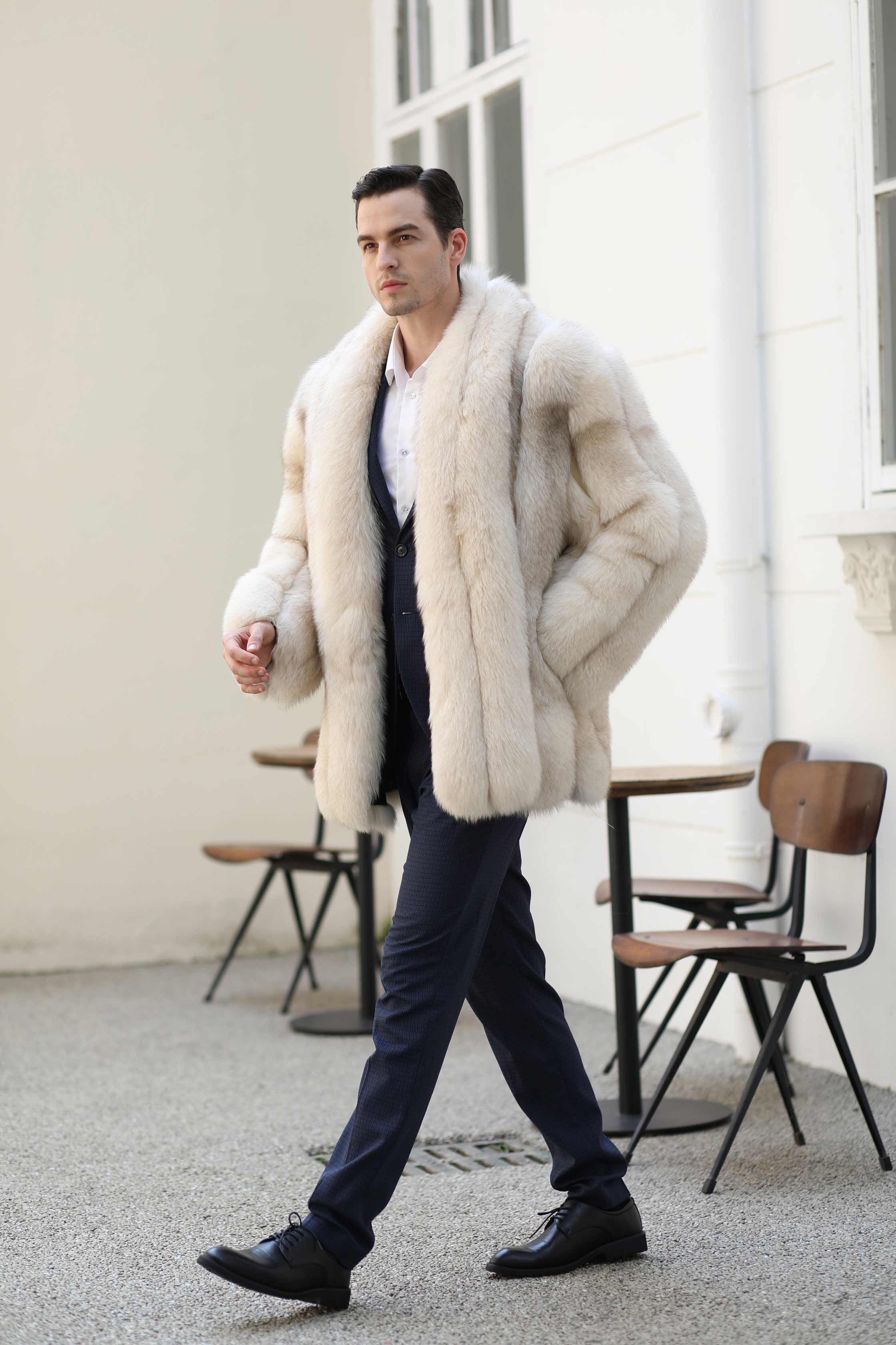 Warm Winter Luxury Blue Fox Vertical Stripes Real Fox Fur Coat - Janefur
