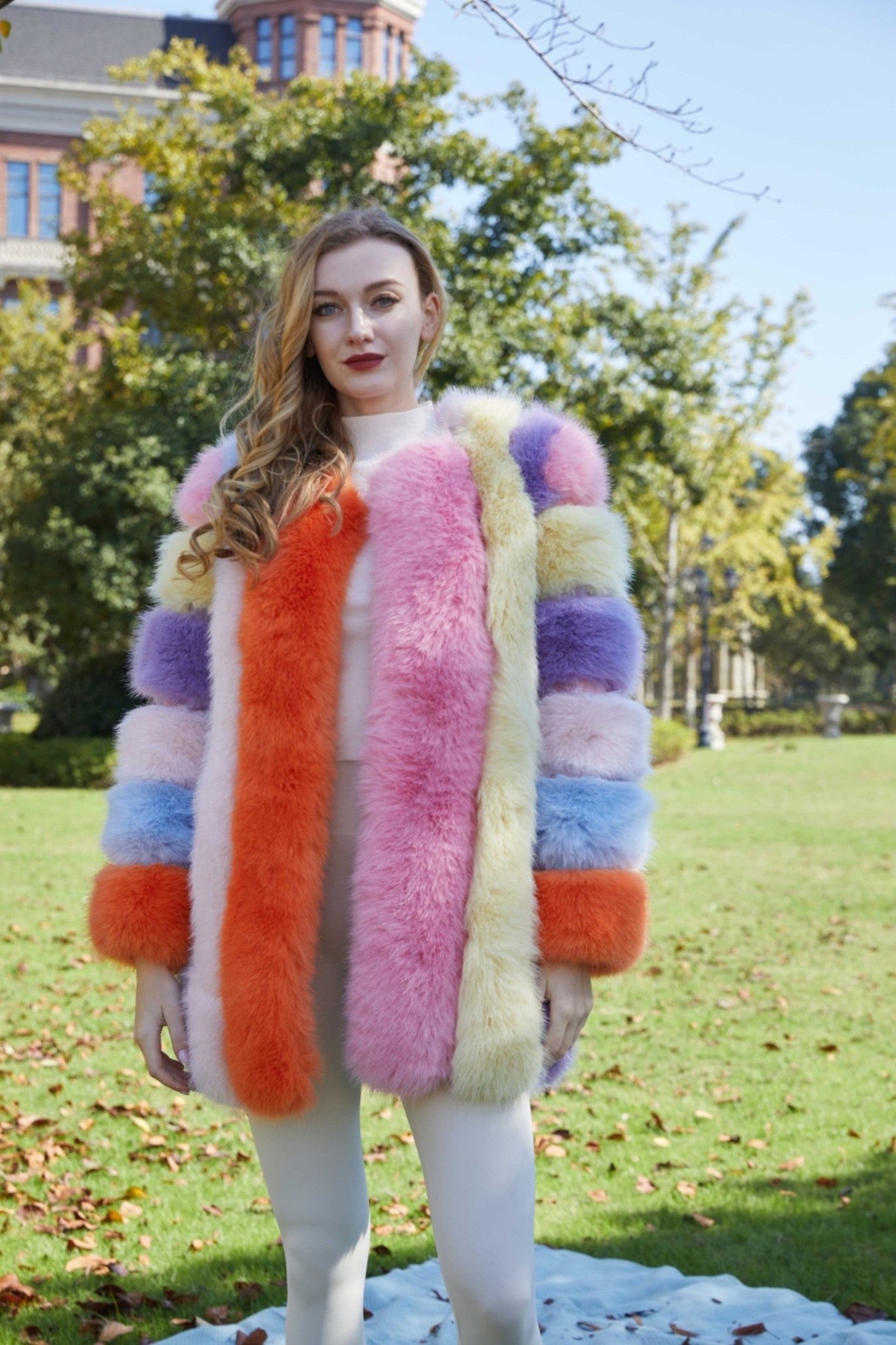 New Women's Vertical Stripe Long Faux Fox Fur Coat Eco Fur Coat - Janefur