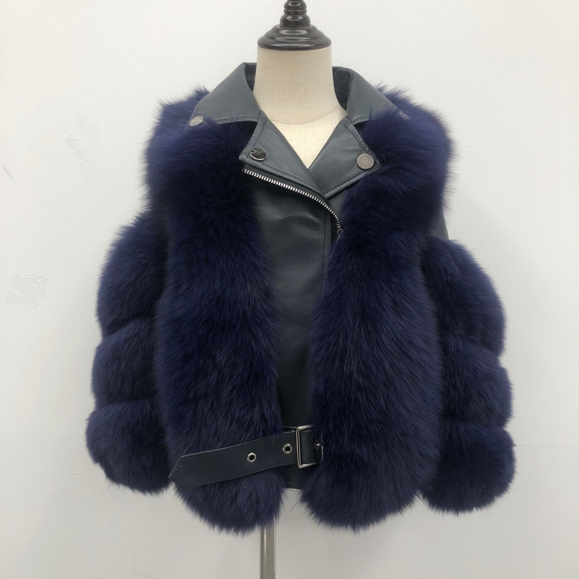 Children's Parent and Child Leather Collar Fox Fur Winter Coat - Janefur
