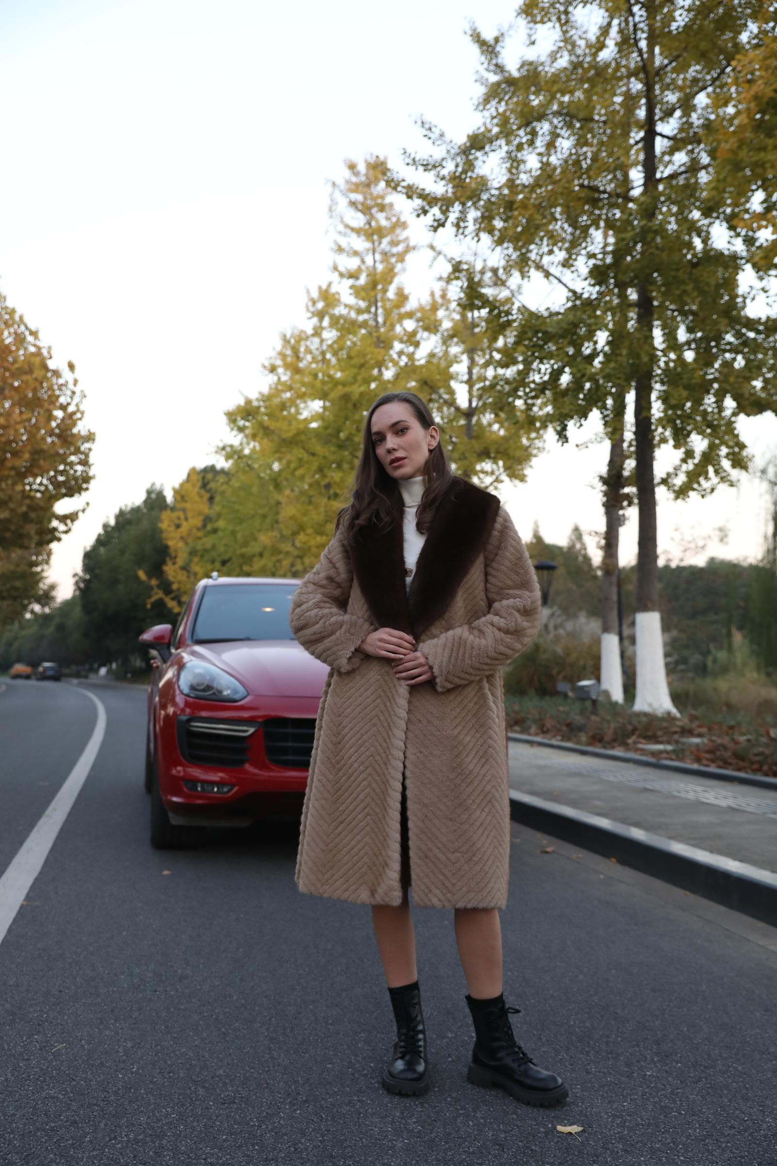 Women's Fashionable Lapel Herringbone Faux Mink Eco Fur Coat - Janefur