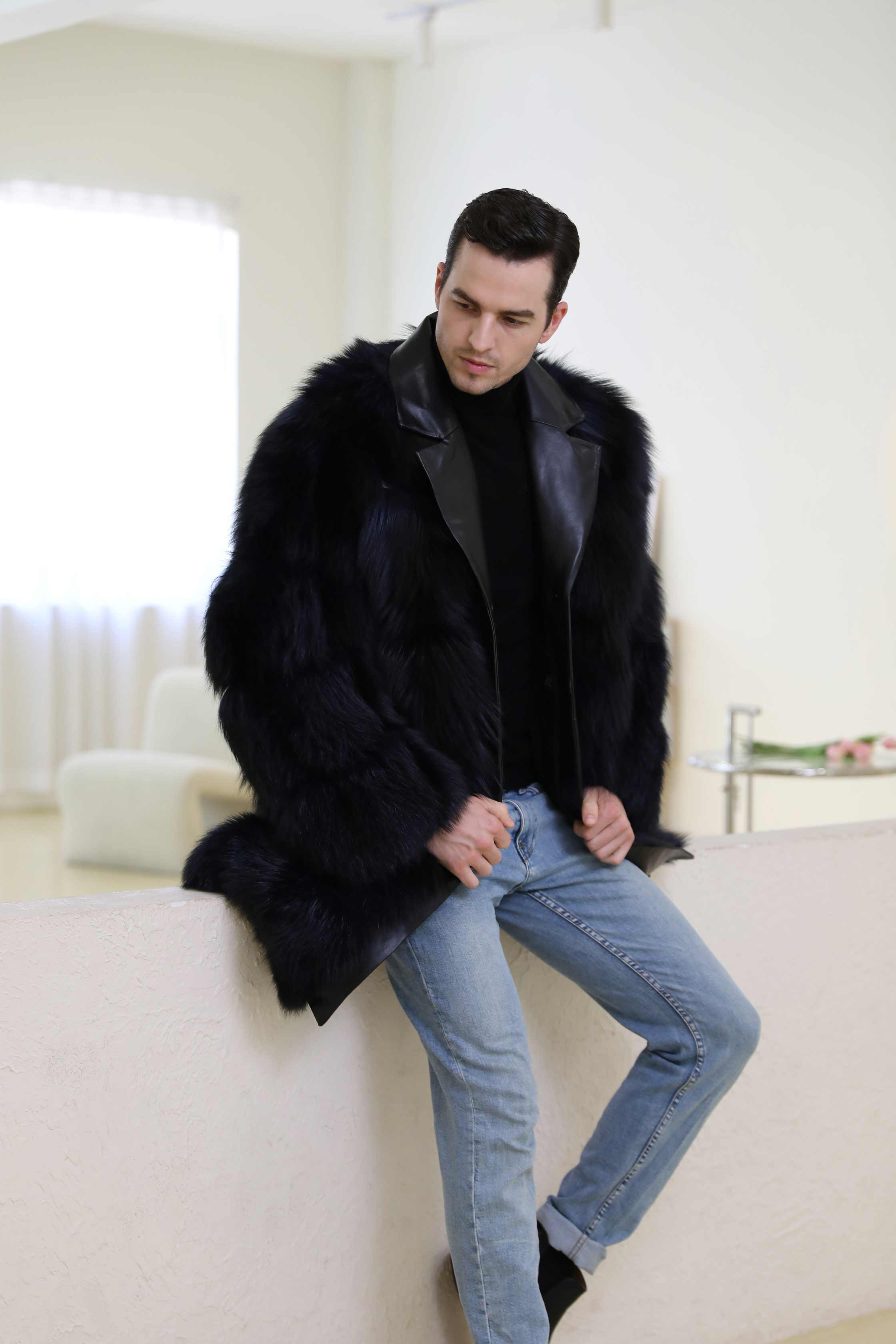 Winter New Leather Collar Button Design Men's Real Fox Fur Coat - Janefur