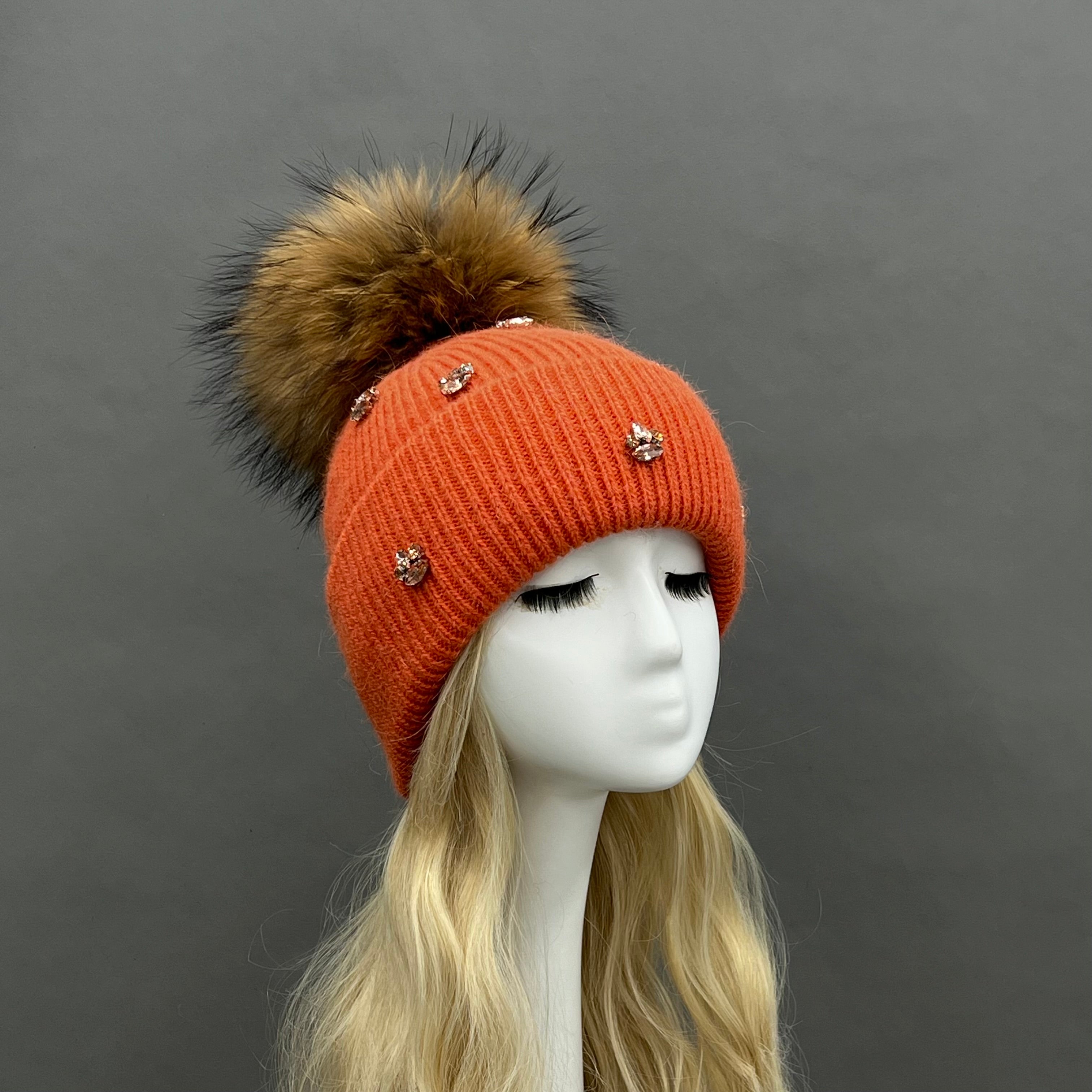 Ladies' Rabbit Fur Hat with Small Rhinestone Pompoms for Casual Wear - Janefur