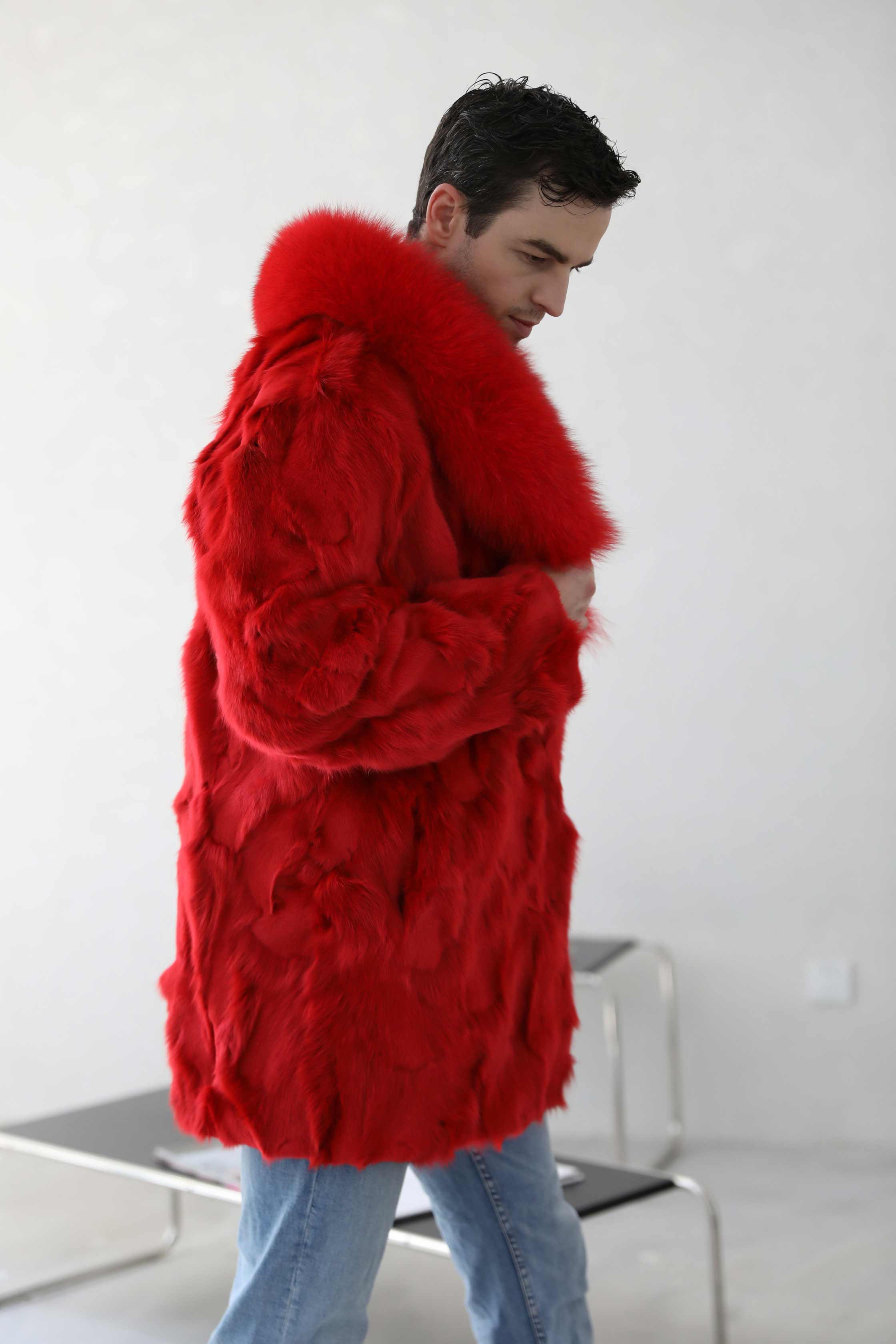 Winter Fashion Men's Long Fox Fur Collar Red Coat - Janefur