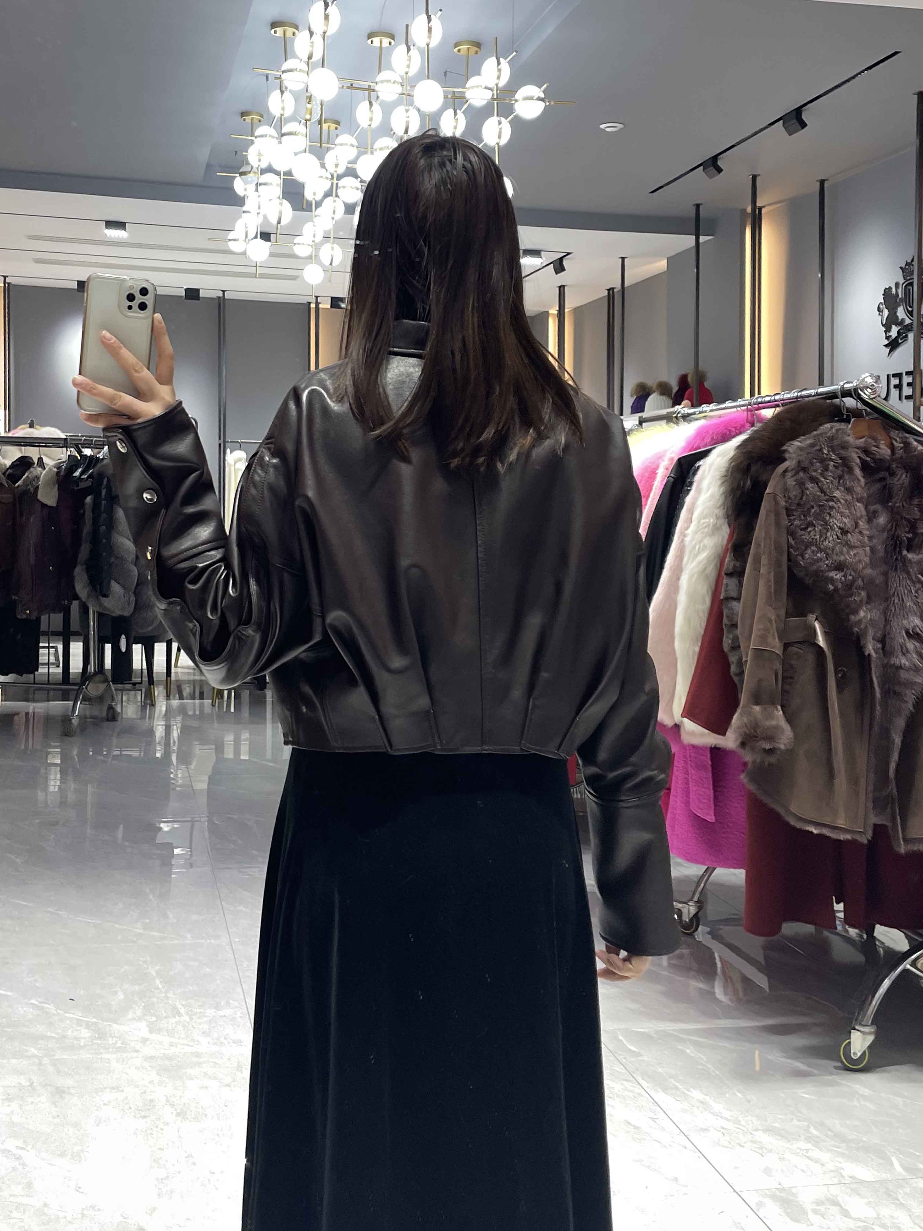 Leather Cropped Jacket with Button Details - Janefur