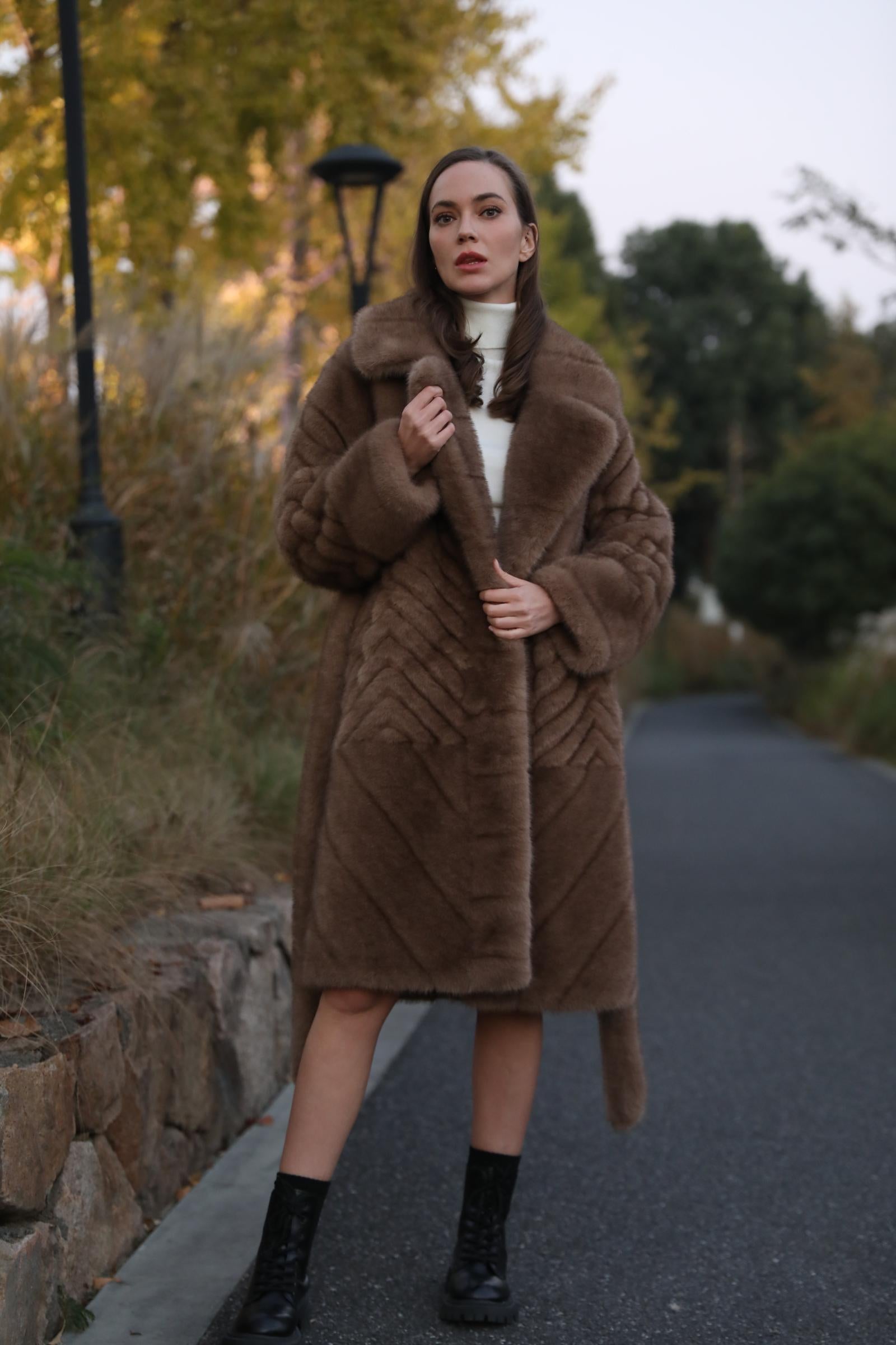 Women's New Fashionable Brown Lace-up Long Faux/Eco Mink Coat - Janefur