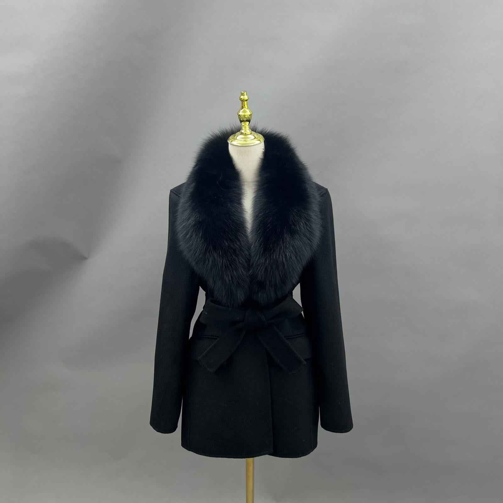 Fox Fur Collar Double-Faced Cashmere Coat for Women with Charming Notched Lapel Waist-Cinching Double-Faced Wool Jacket - Janefur