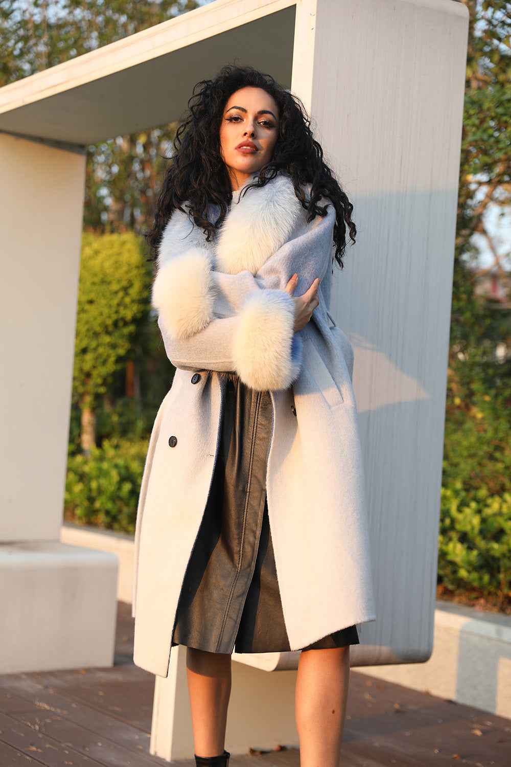 Double-faced Cashmere Coat for Women Gradient Color Suit Collar Fox Fur Collar Double-faced Wool Long Jacket - Janefur