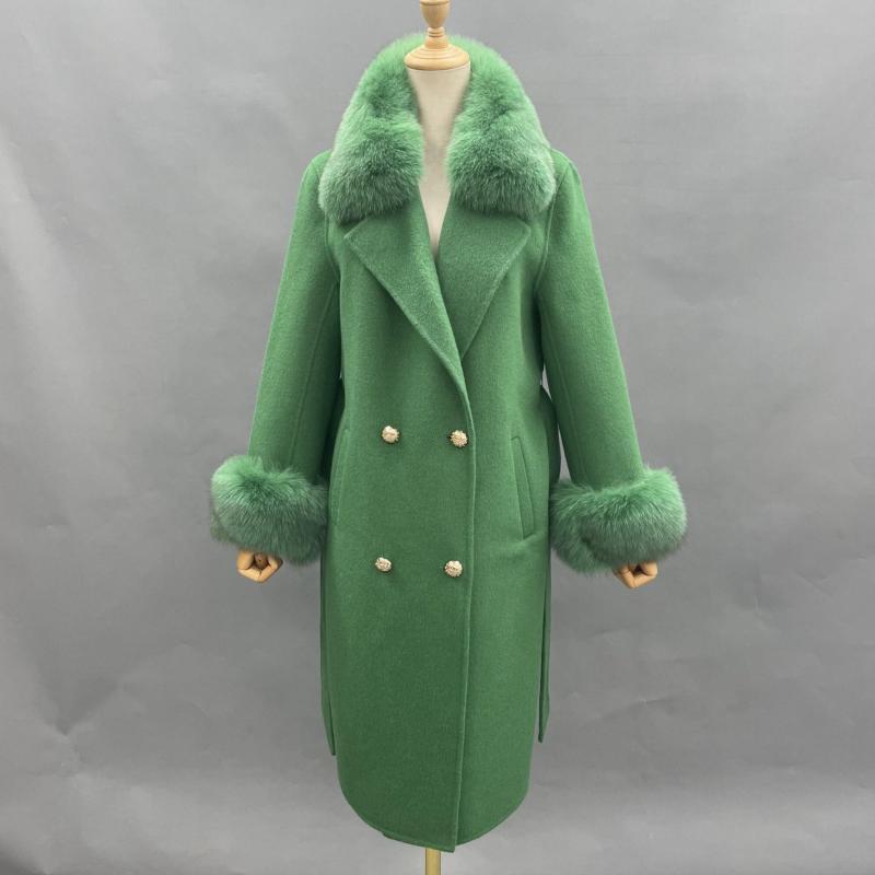 Women's Long Cashmere Coat With Fox Fur Collar And Belt - Janefur