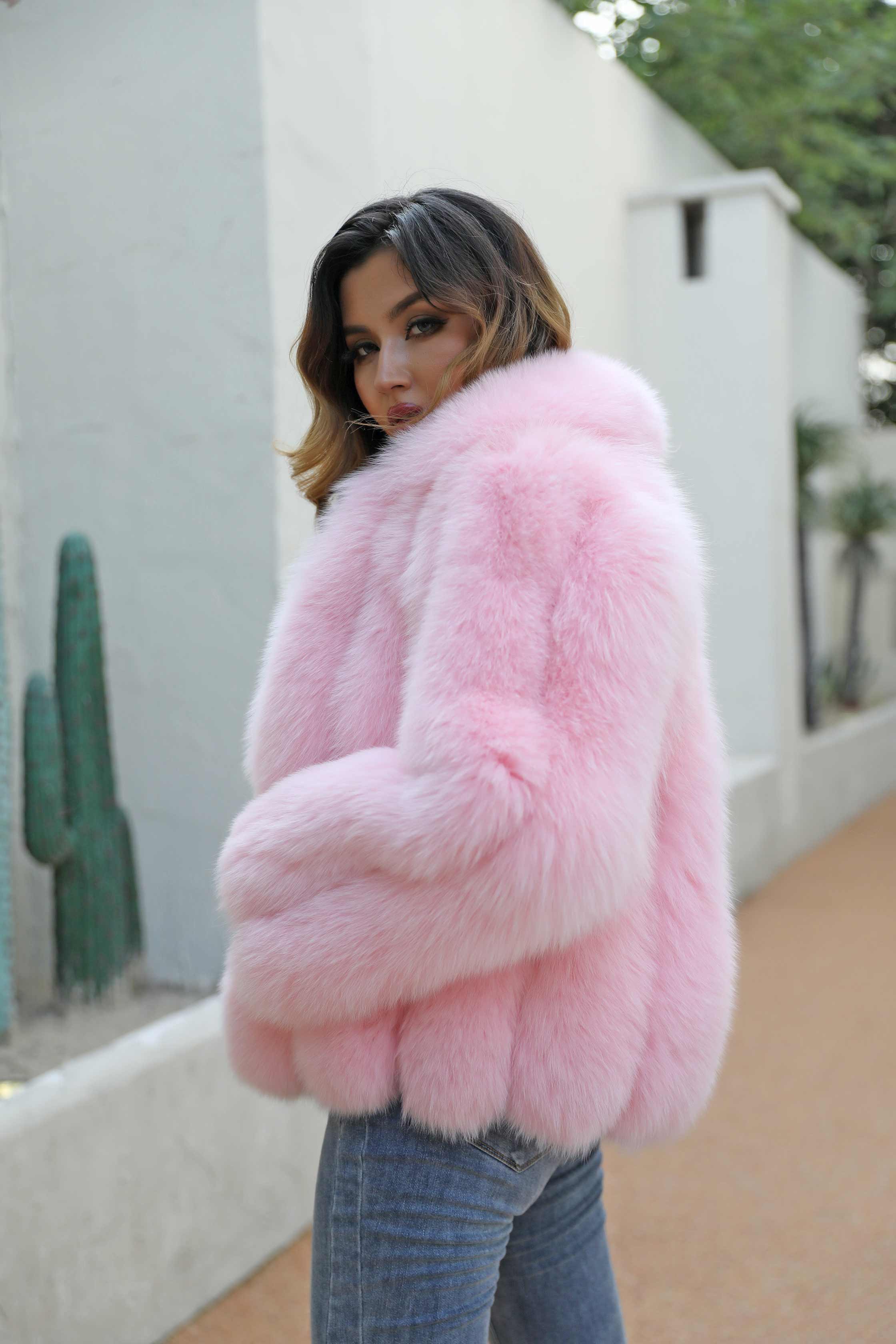 Winter Lapel Plush Vertical Stripe True Fox Fur Women's Coat - Janefur