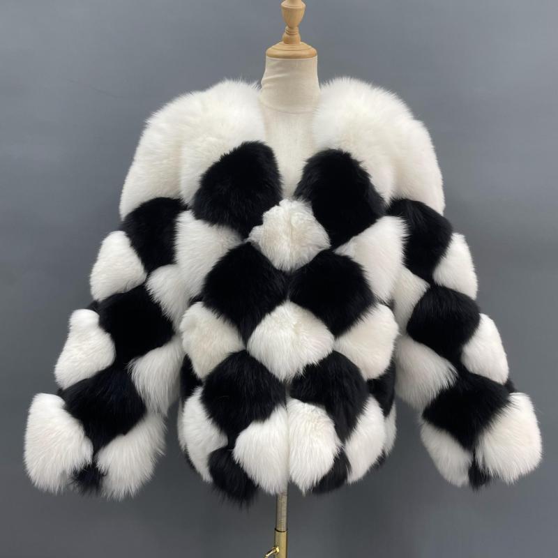 Premium Luxury Black And White Checked Real Fox Fur Coat For Women - Janefur