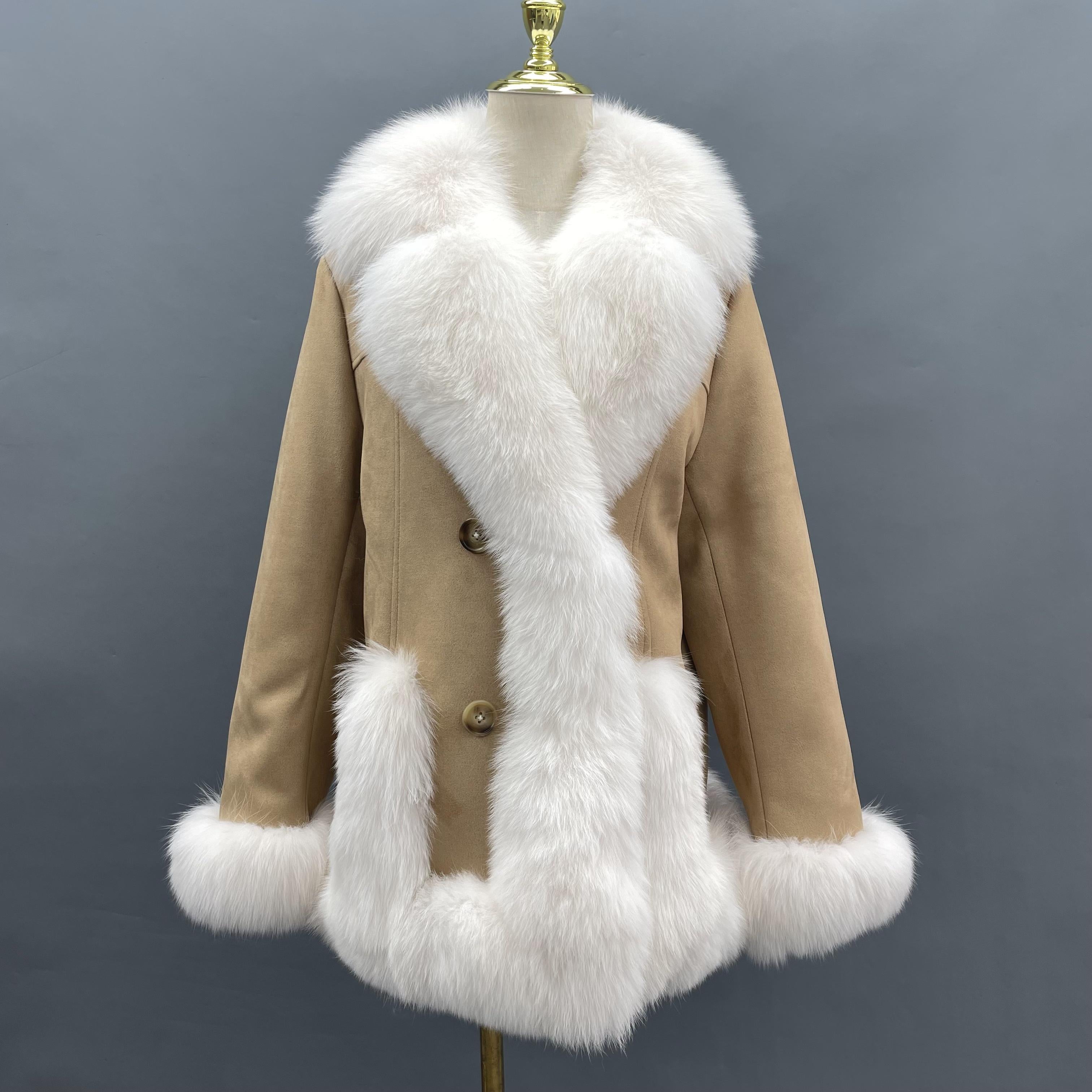 Suede Double Breasted Goose Down Women's Jacket with Suit Collar - Janefur