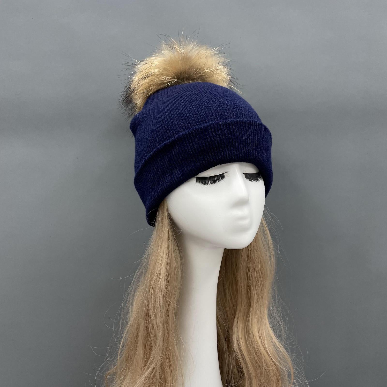 Solid Color Acrylic Knitted Hat with Single Fur Pom Pom Women's Knit Cap - Janefur