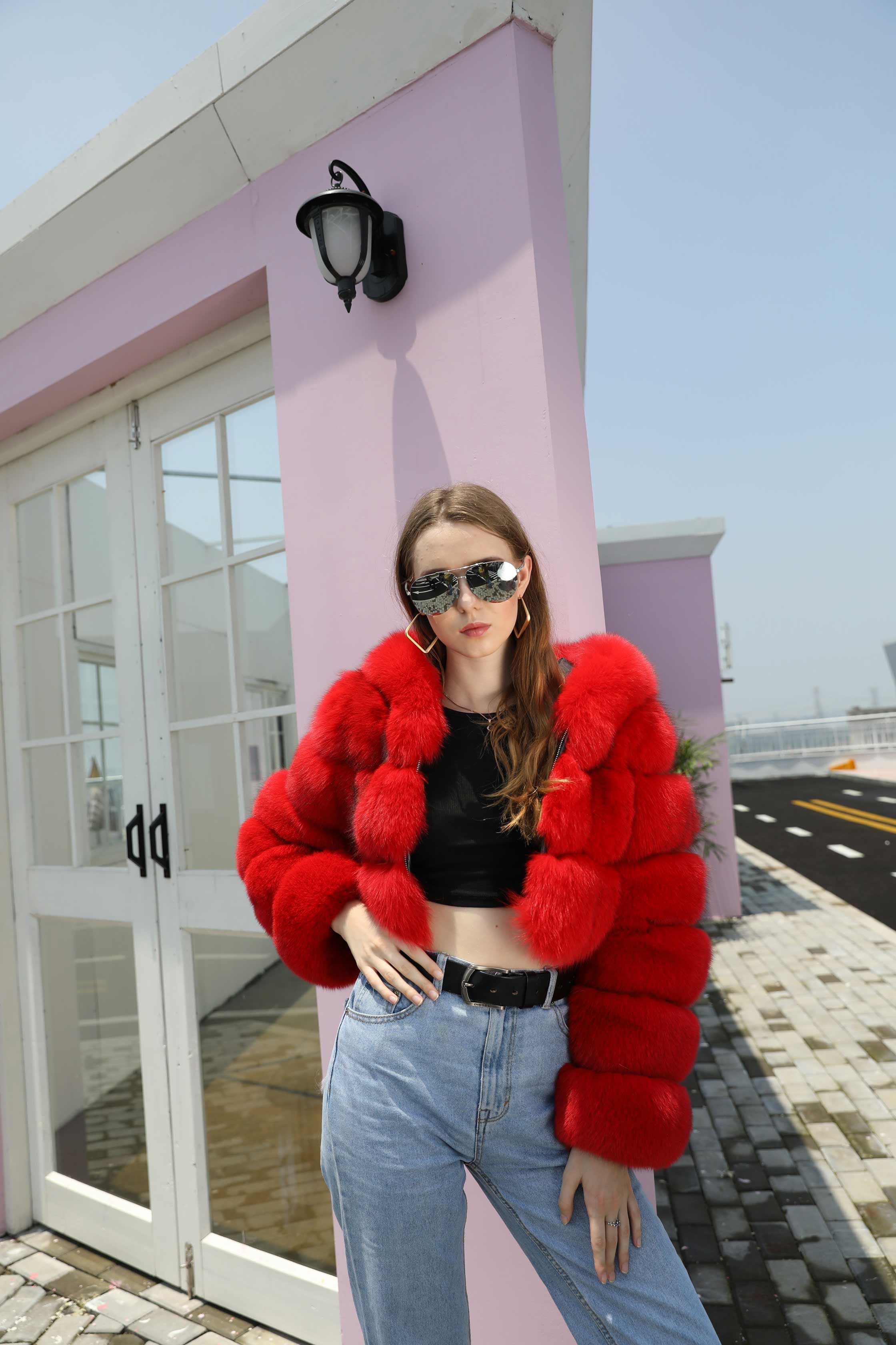 Fashion Short Genuine Fox Fur Coat Women's Winter Hooded Jacket - Janefur
