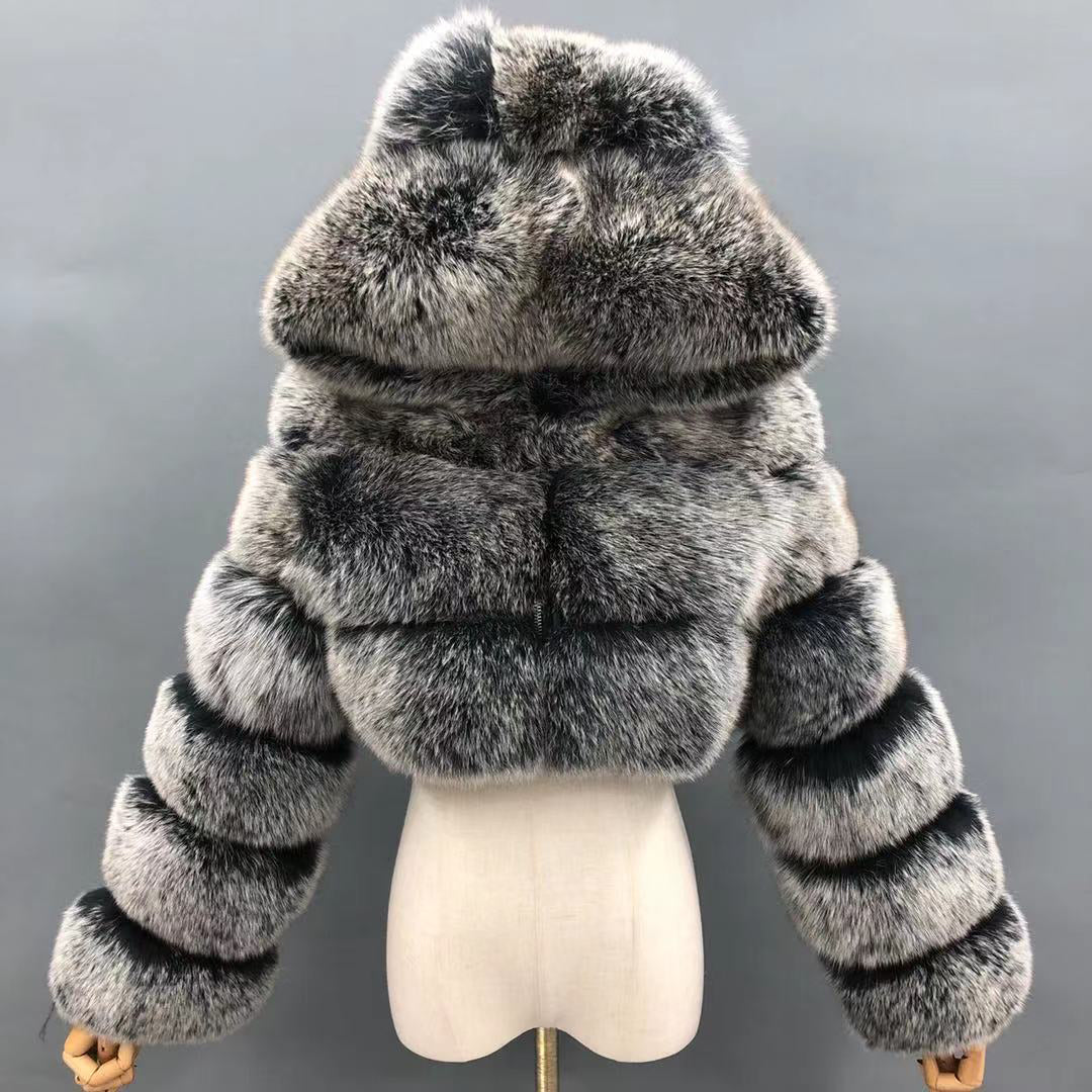 Fashion Short Genuine Fox Fur Coat Women's Winter Hooded Jacket - Janefur