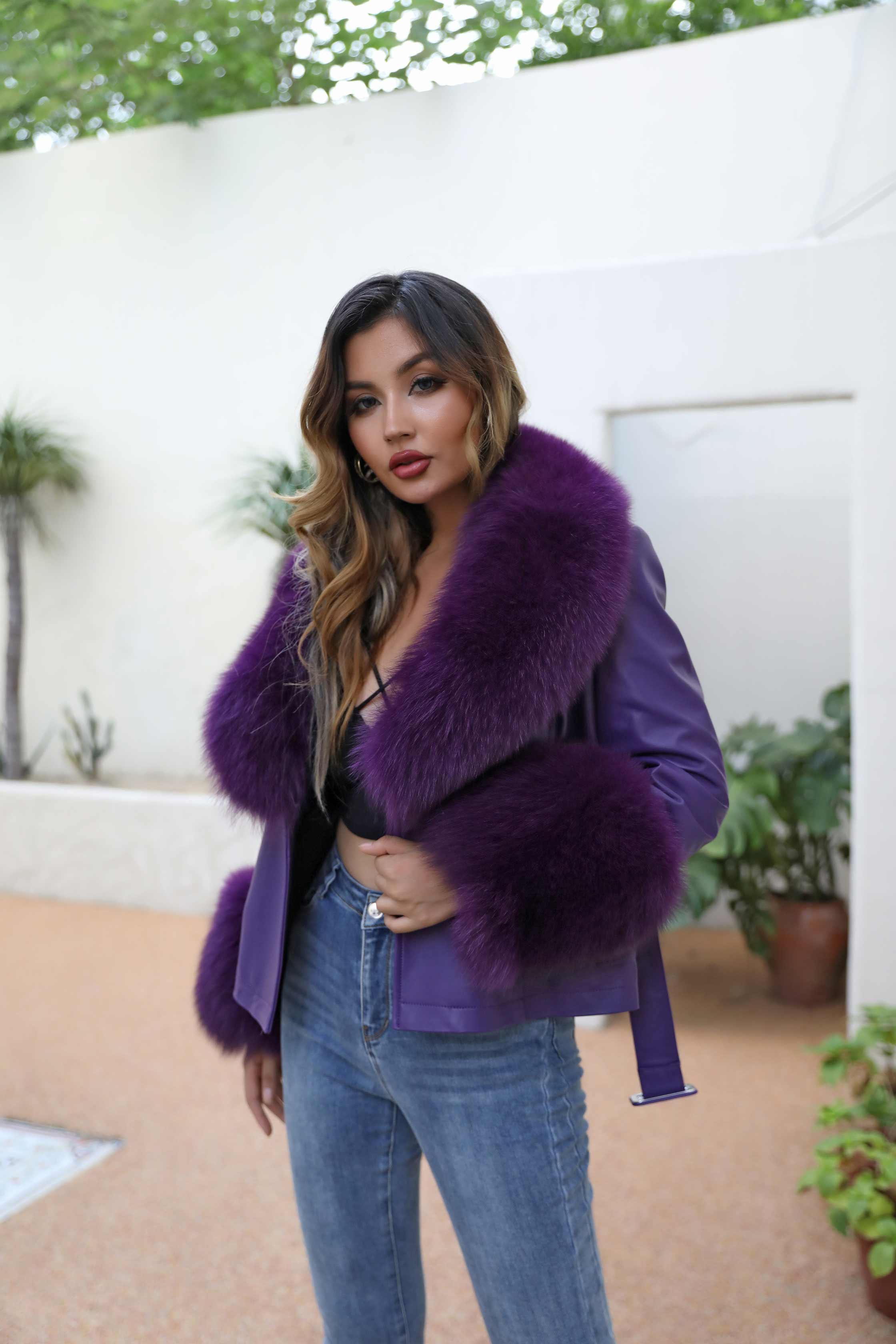 Fox Fur Collar Real Leather Women's New Fashion Jacket - Janefur