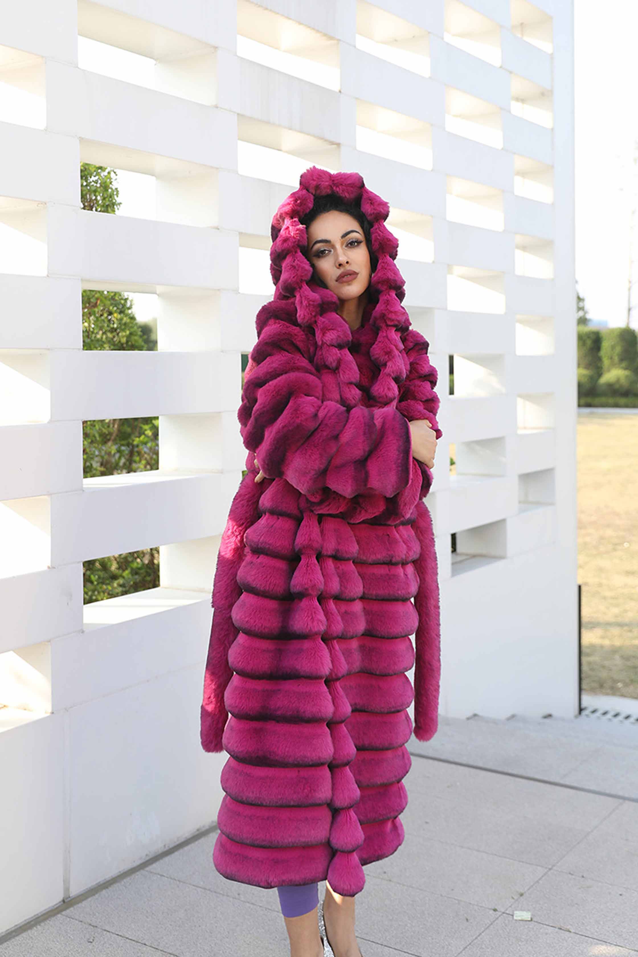 Janefur Fashionable Womens Eco-friendly Fur coat Long Hooded Chinchilla Fake Fur Jacket - Janefur