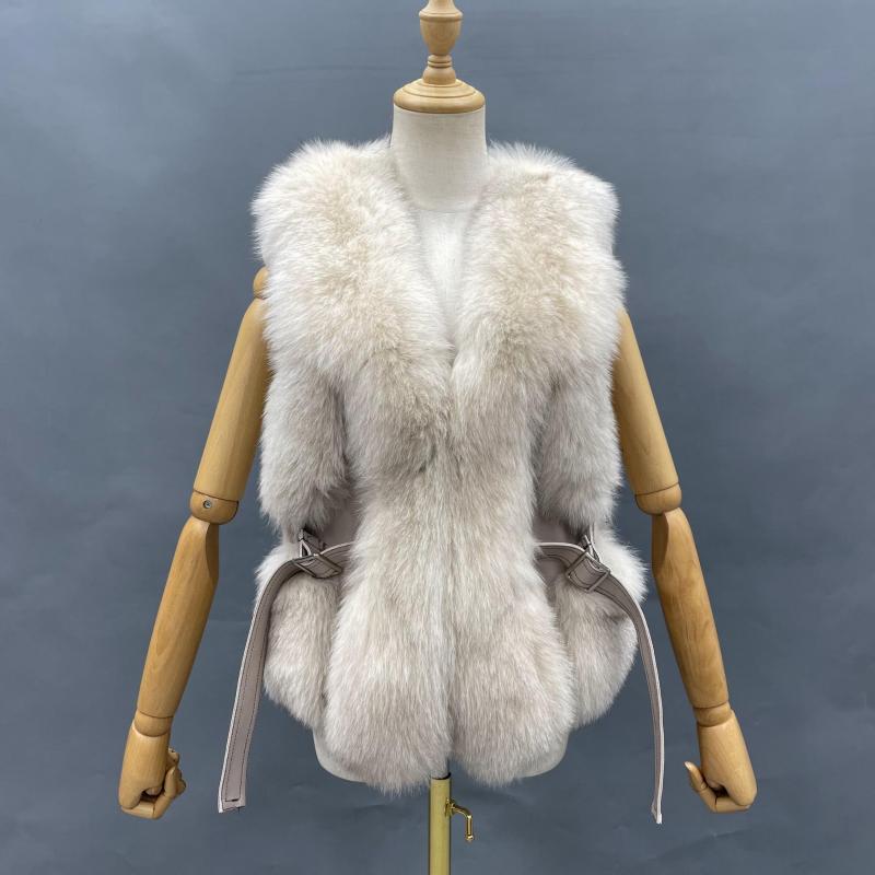 Ladies Fox Fur Vest Leather Buckle Tab - Janefur