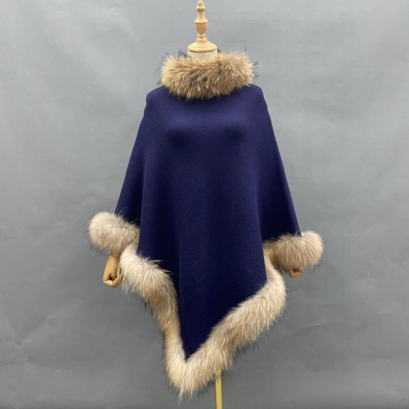 Collar and Hem Raccoon Fur Stripe Knitted Cape - Janefur