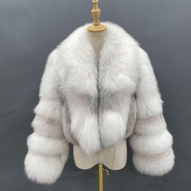 Large Fox Fur Collar Short Casual Women's Fur Coat - Janefur