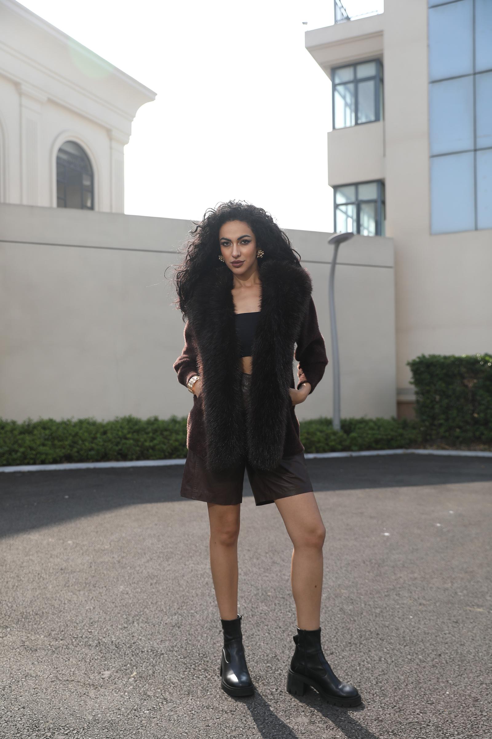 Women's Fox Pile Knit Coat with Faux Mink Placket and Faux Fur Collar - Janefur