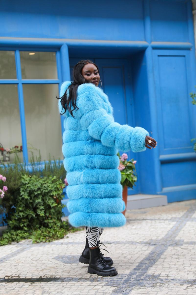 Long Blue Fox Hooded Fox Fur Coat - Janefur
