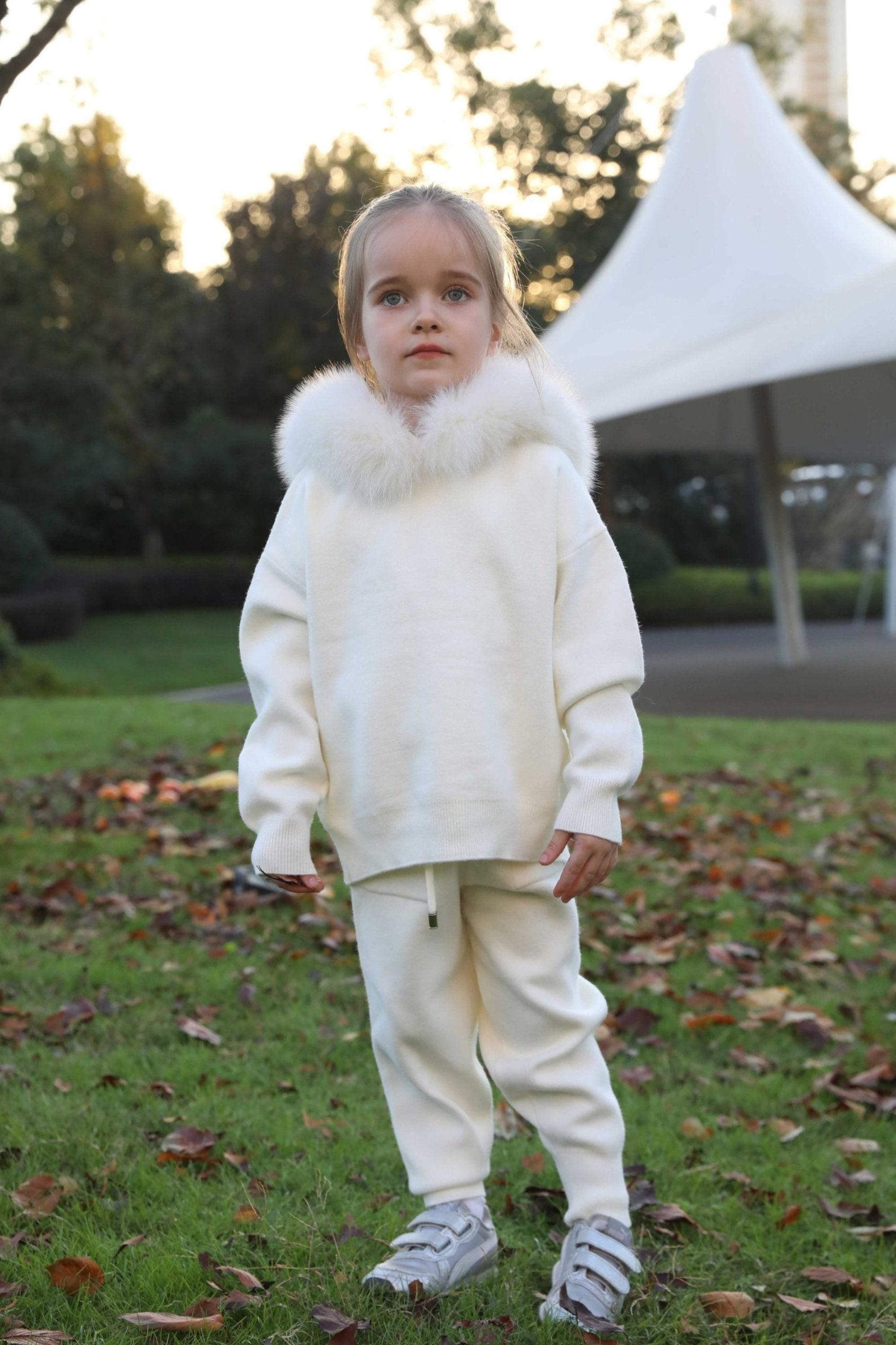 Children's Suit Fall and Winter Fur Collar Hooded Knit Sweatshirt Set - Janefur