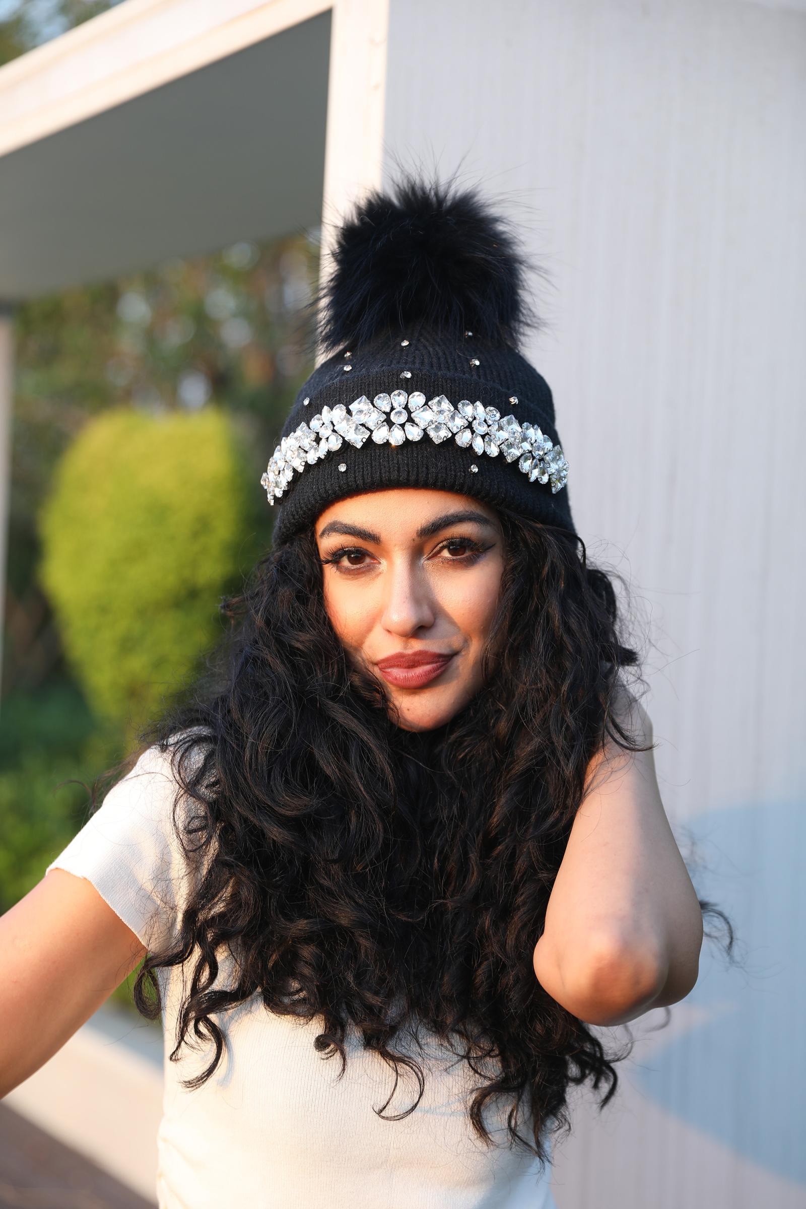 Women's Rabbit Fur Hat with Large Crystal-Studded Pompoms for Casual Wear - Janefur