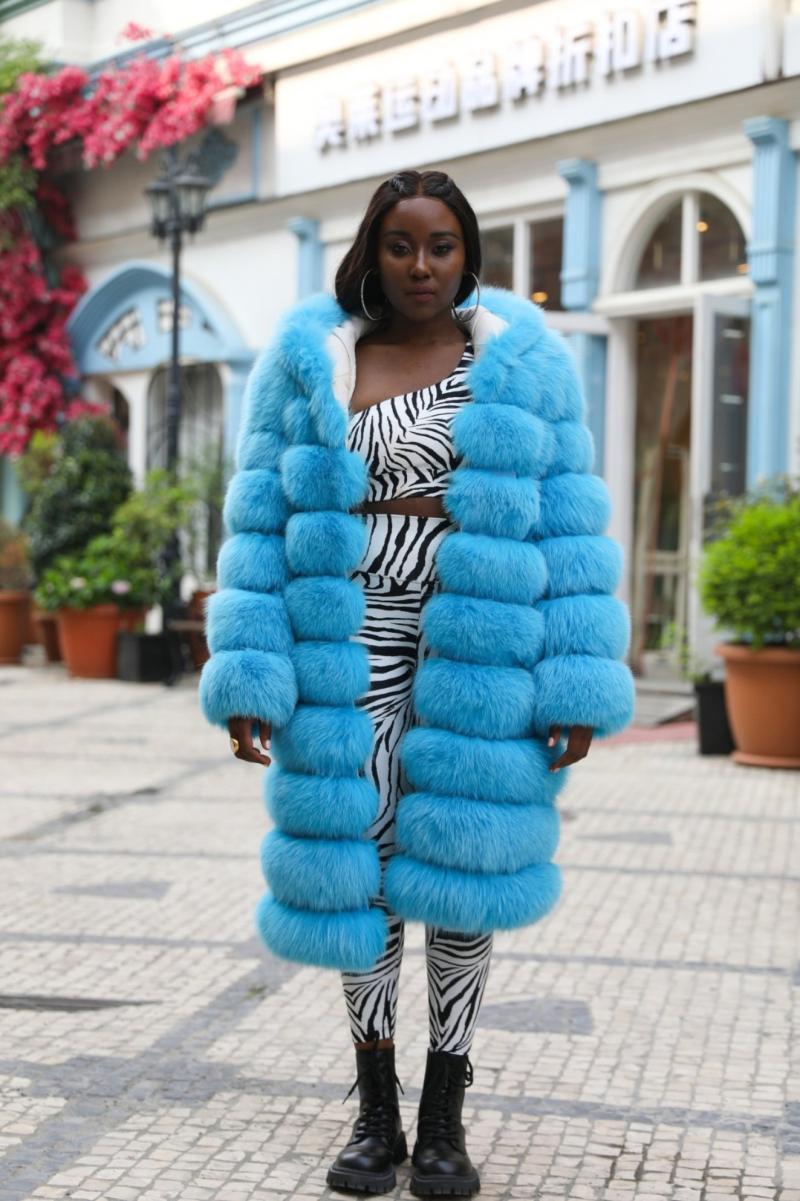 Long Blue Fox Hooded Fox Fur Coat - Janefur
