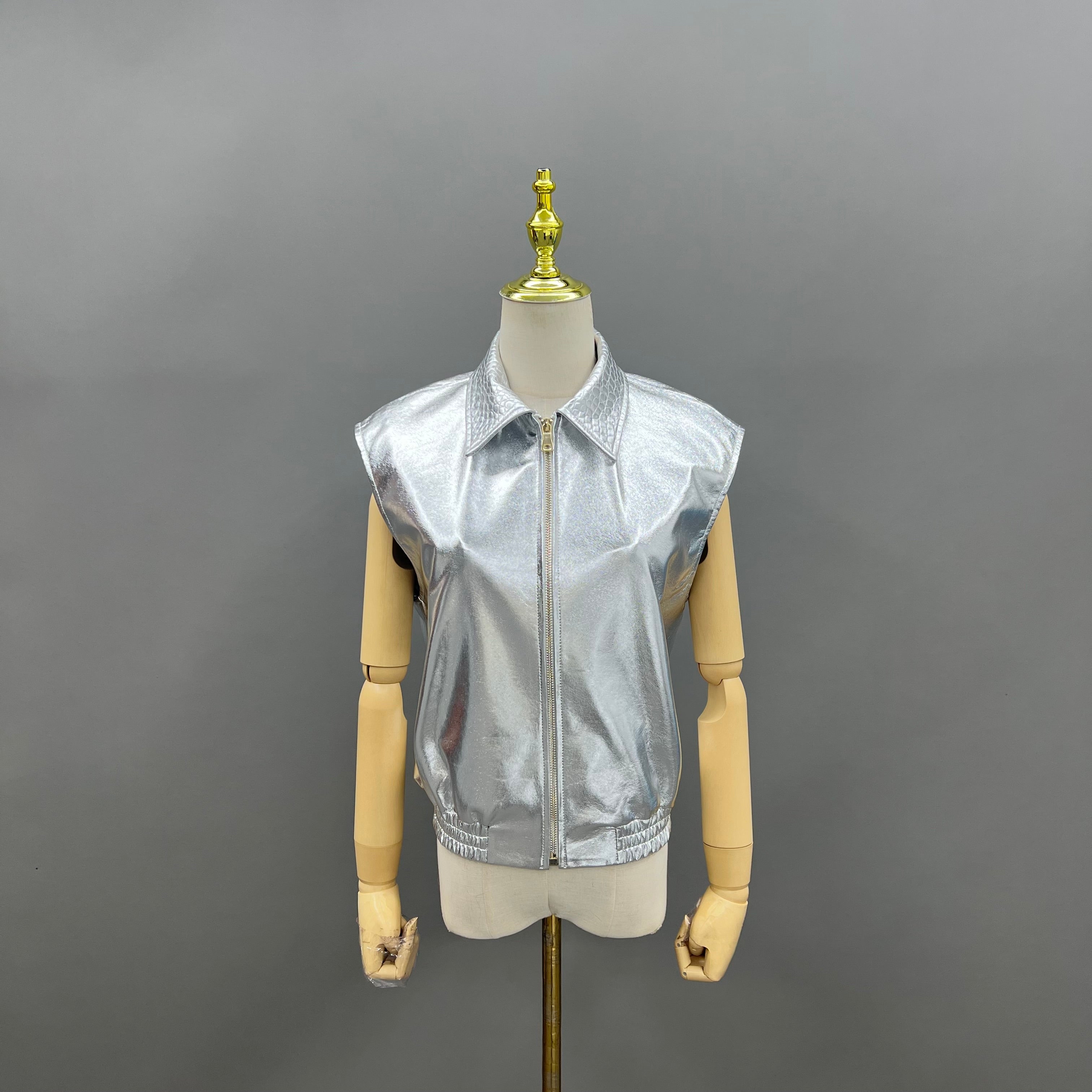 Shiny Silver Lapel Sleeveless Vest: Edgy & Chic Fashion Statement - Janefur