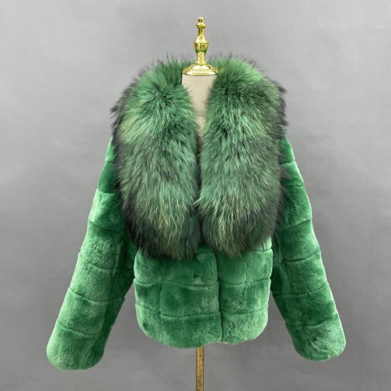 Warm Winter Women's Short Raccoon Fur Collar Rabbit Fur Coat - Janefur