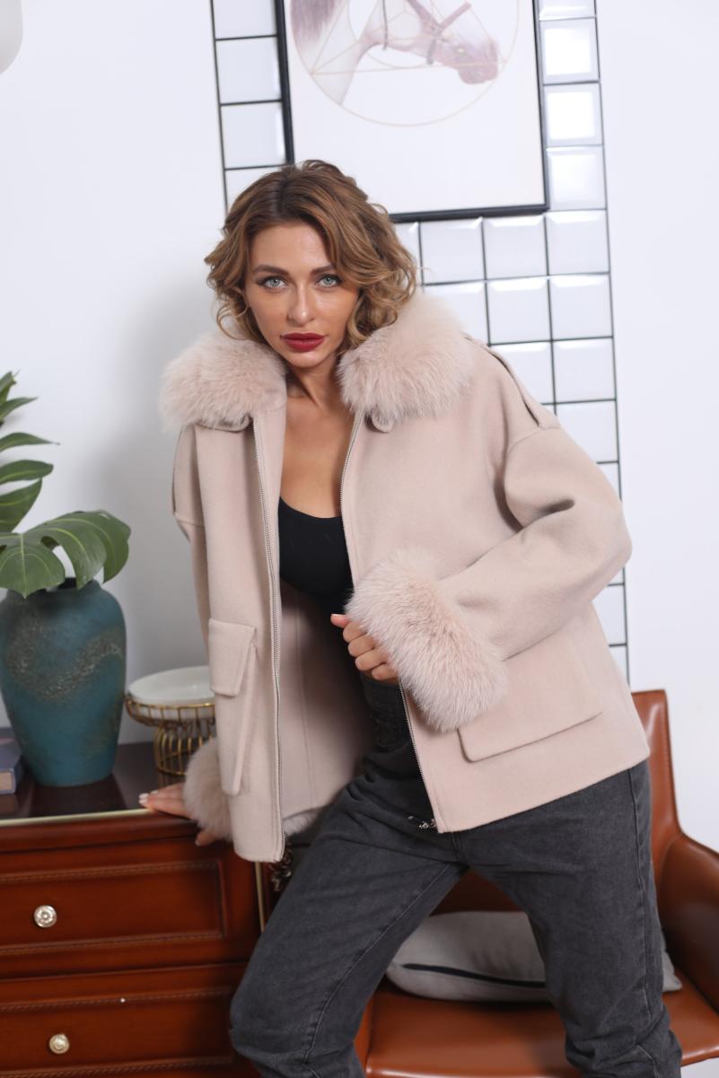 Big Pocket Lapel Fox Fur Cashmere Zipped Jacket - Janefur