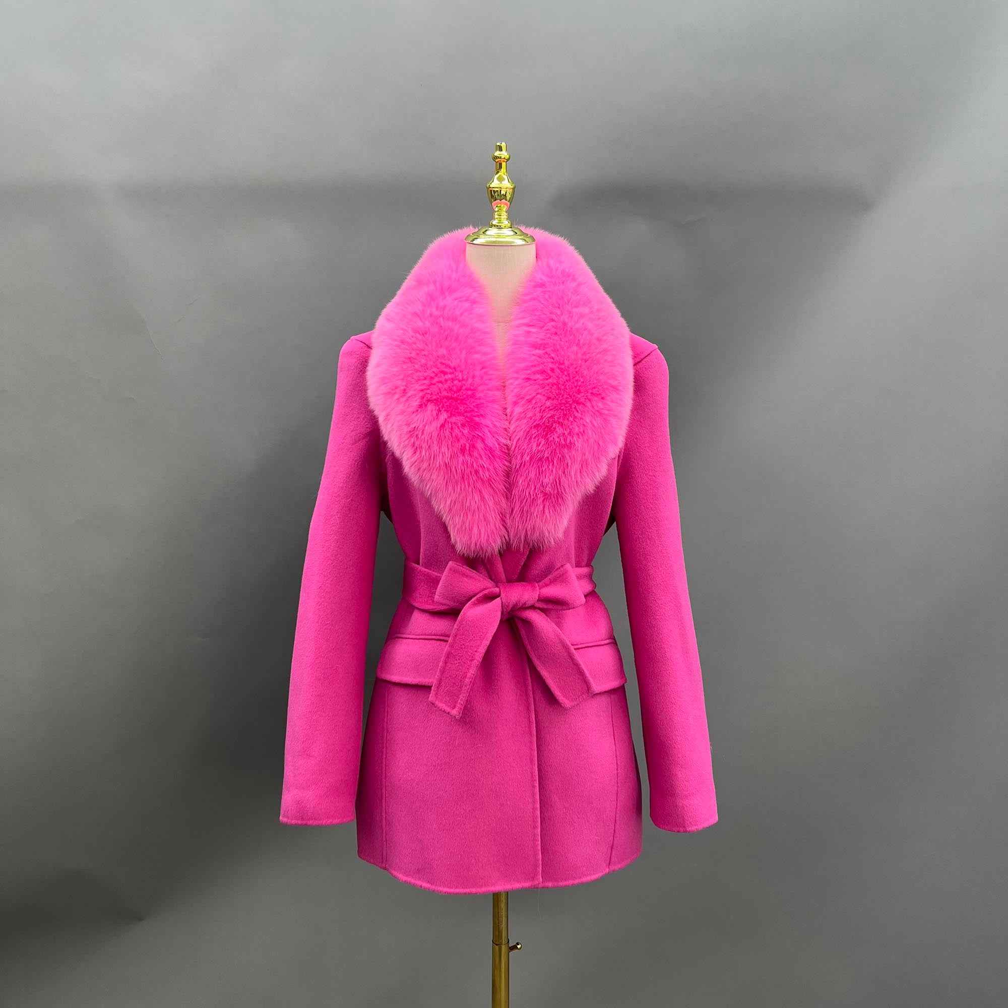 Janefur Womens Fashion Cashmere Coat Waisted Shoulder Design Fox Fur Collar Wool Coat - Janefur