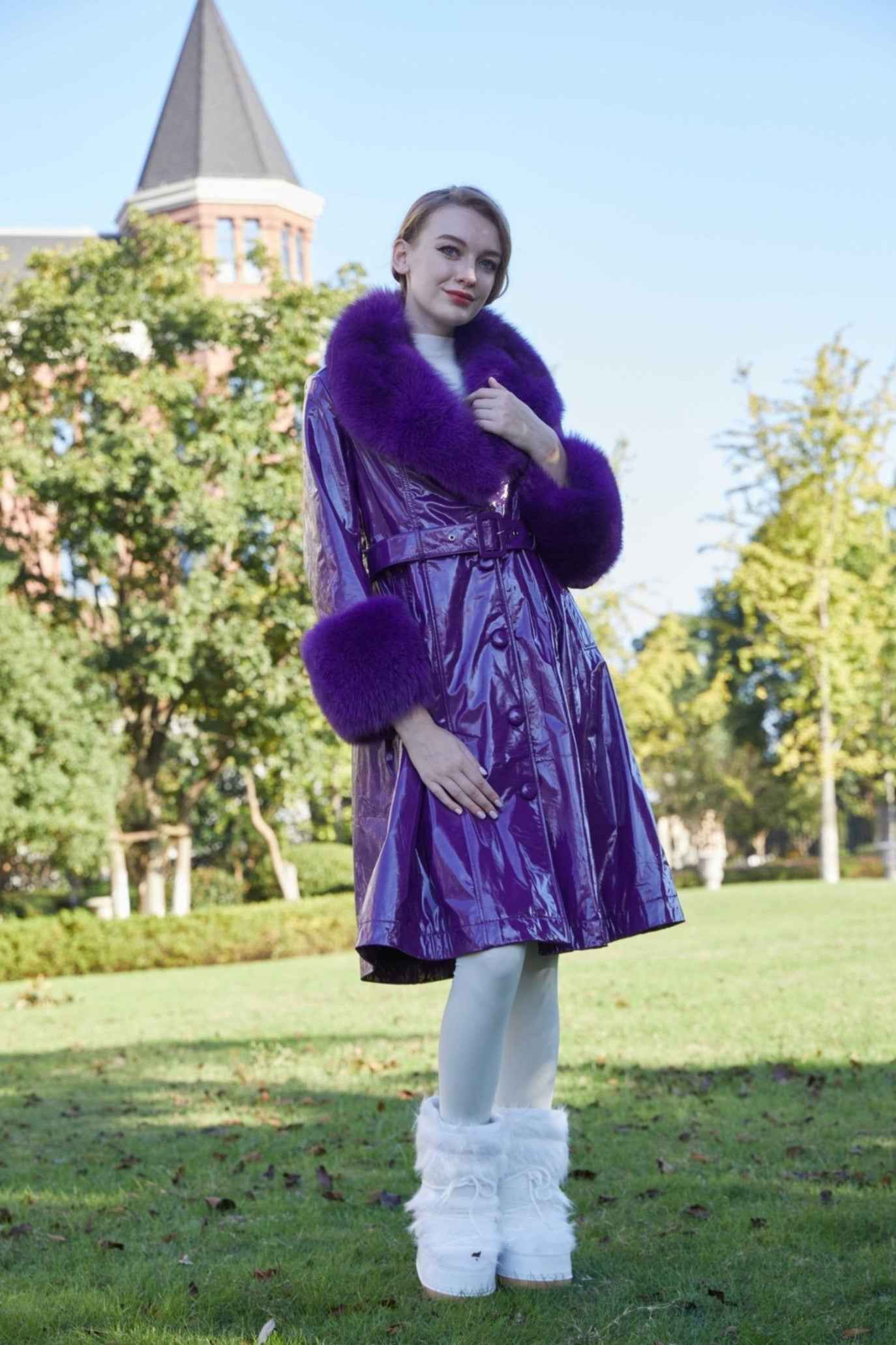 Women's Winter Large Flip Lapel Collar Fur Terry Long Shiny Leather Jacket - Janefur