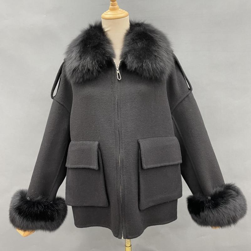 Big Pocket Lapel Fox Fur Cashmere Zipped Jacket - Janefur