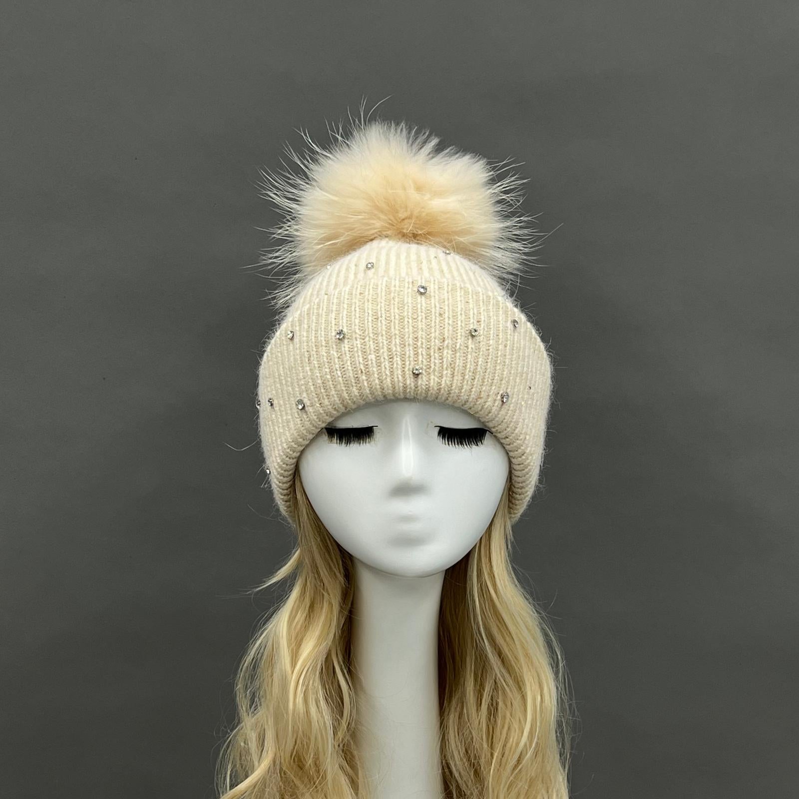 Women's Warm and Casual Rabbit Fur Hat with Sparkling Fur Pompoms - Janefur