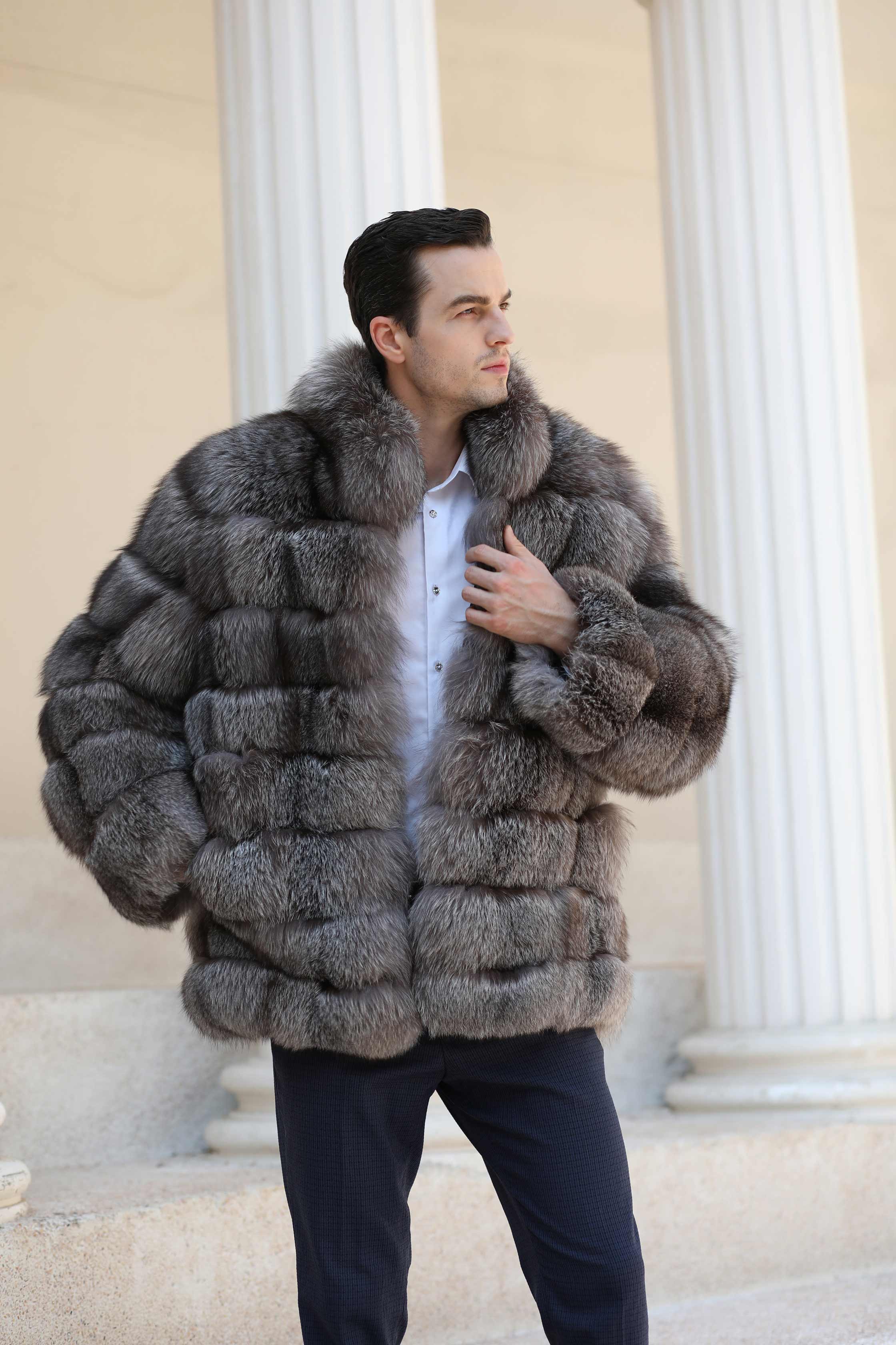 Men's Winter Fashion Warm Stand-up Collar Real Blue Fox Fur Coat - Janefur