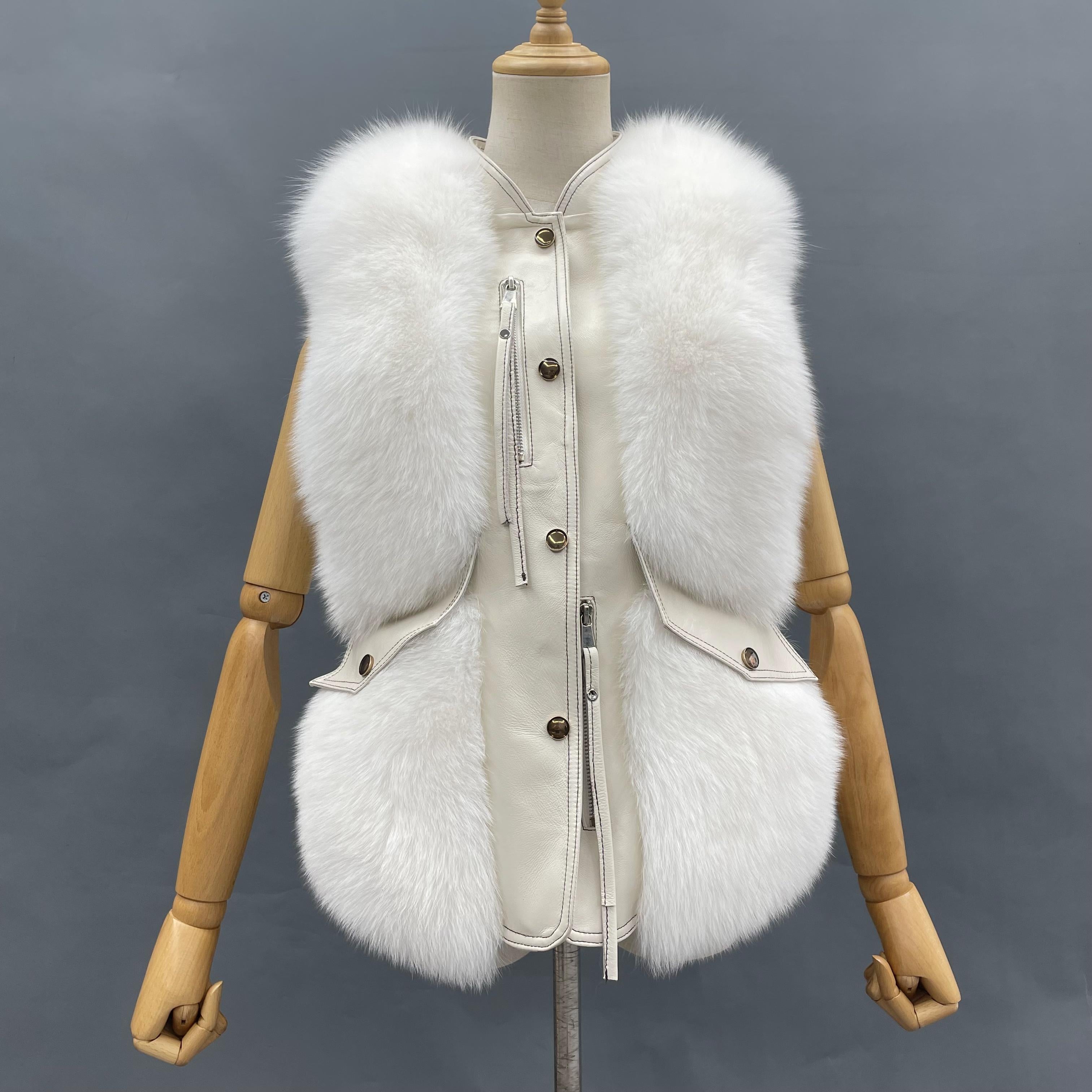 Zipper Decorated Leather Front Fox Fur Vest - Janefur