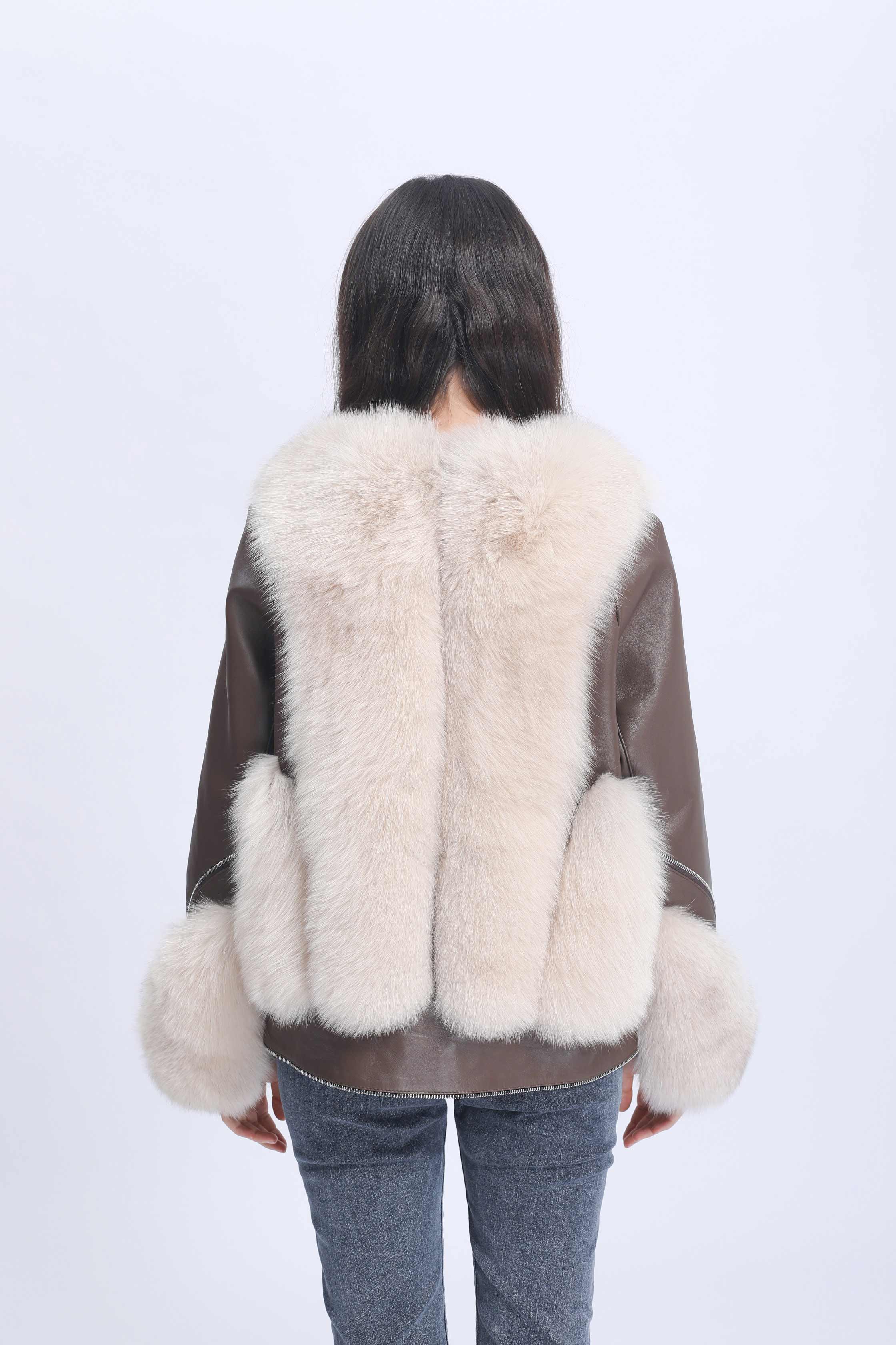 Fashion Design Zipper Women's Real Fox Fur Spliced Sheepskin Luxury Coat - Janefur